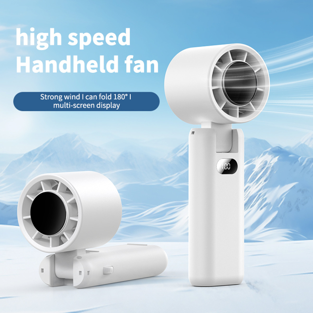 A white handheld fan with a rotating fan head and a small display showing numbers.