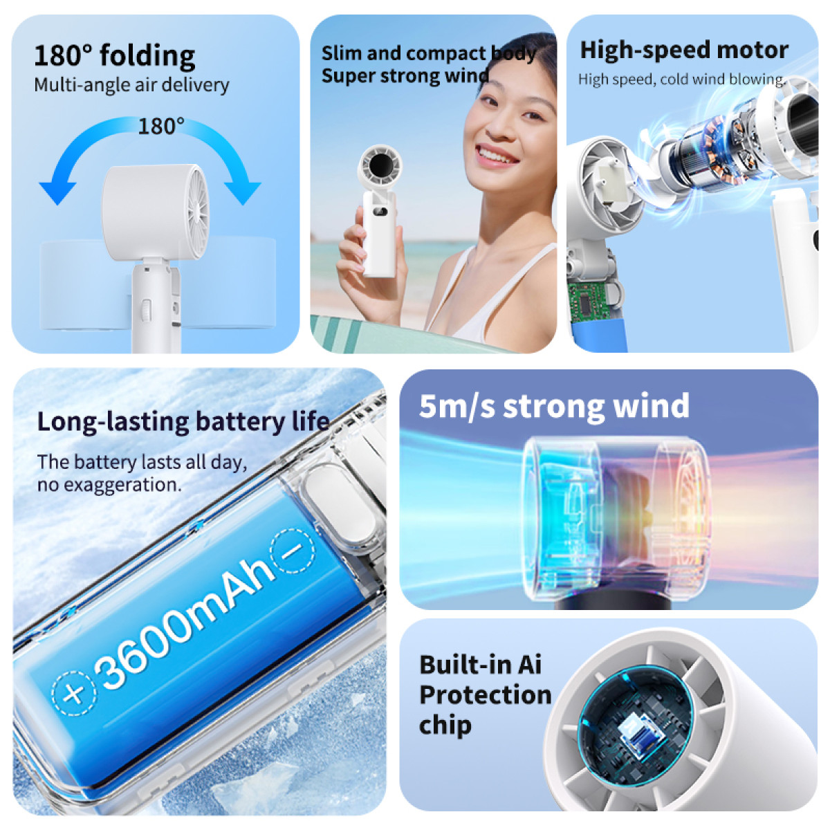 Diagram of a white handheld fan with features like a folding design and a long battery life.