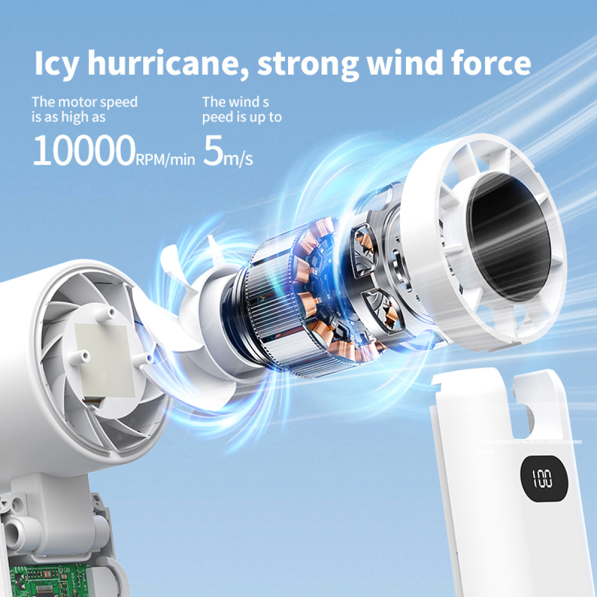 Close-up of a white fan. Text reads: Icy hurricane, strong wind force. Stats include motor speed and wind speed.