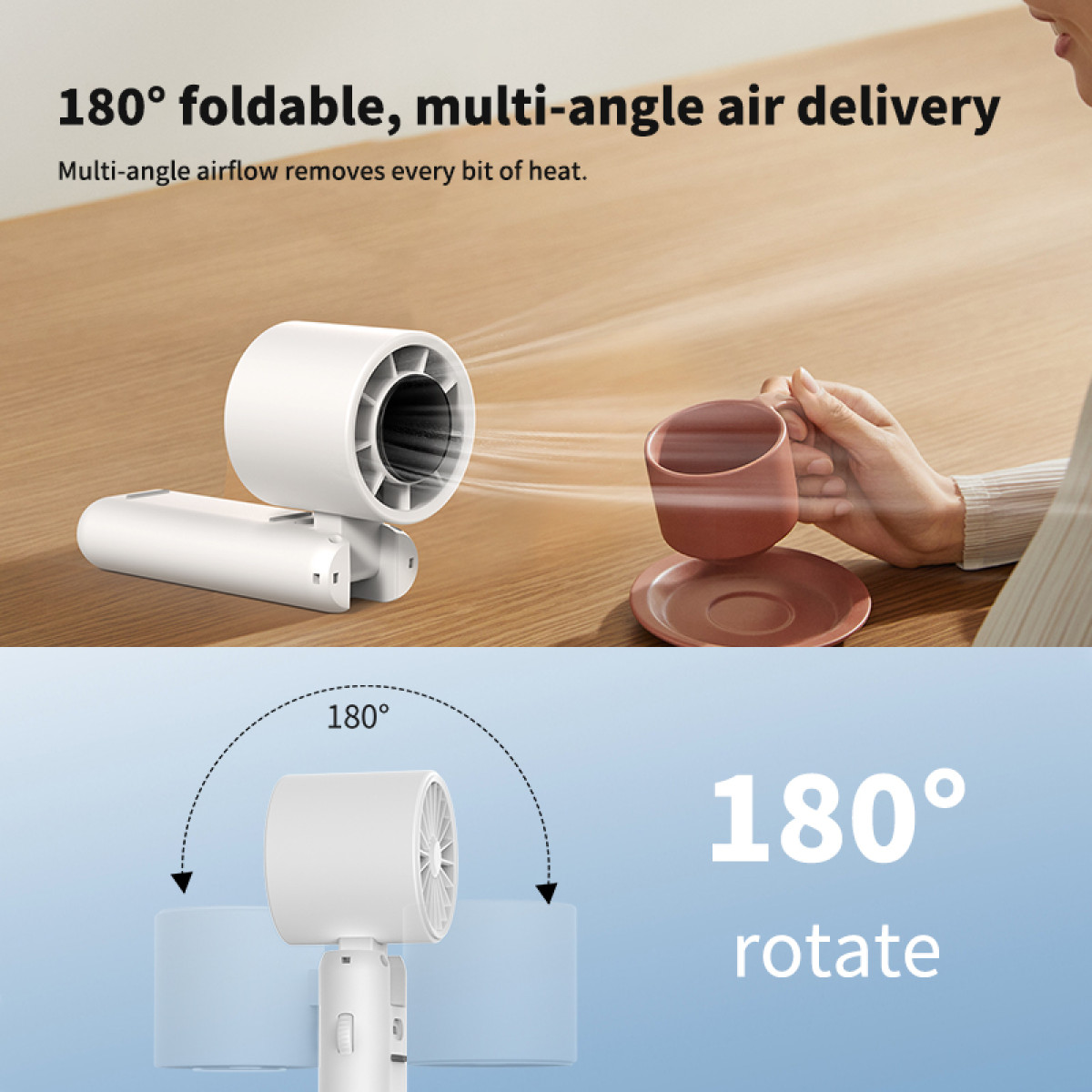 White hairdryer with a 180-degree rotation and a cup with saucer on a table.