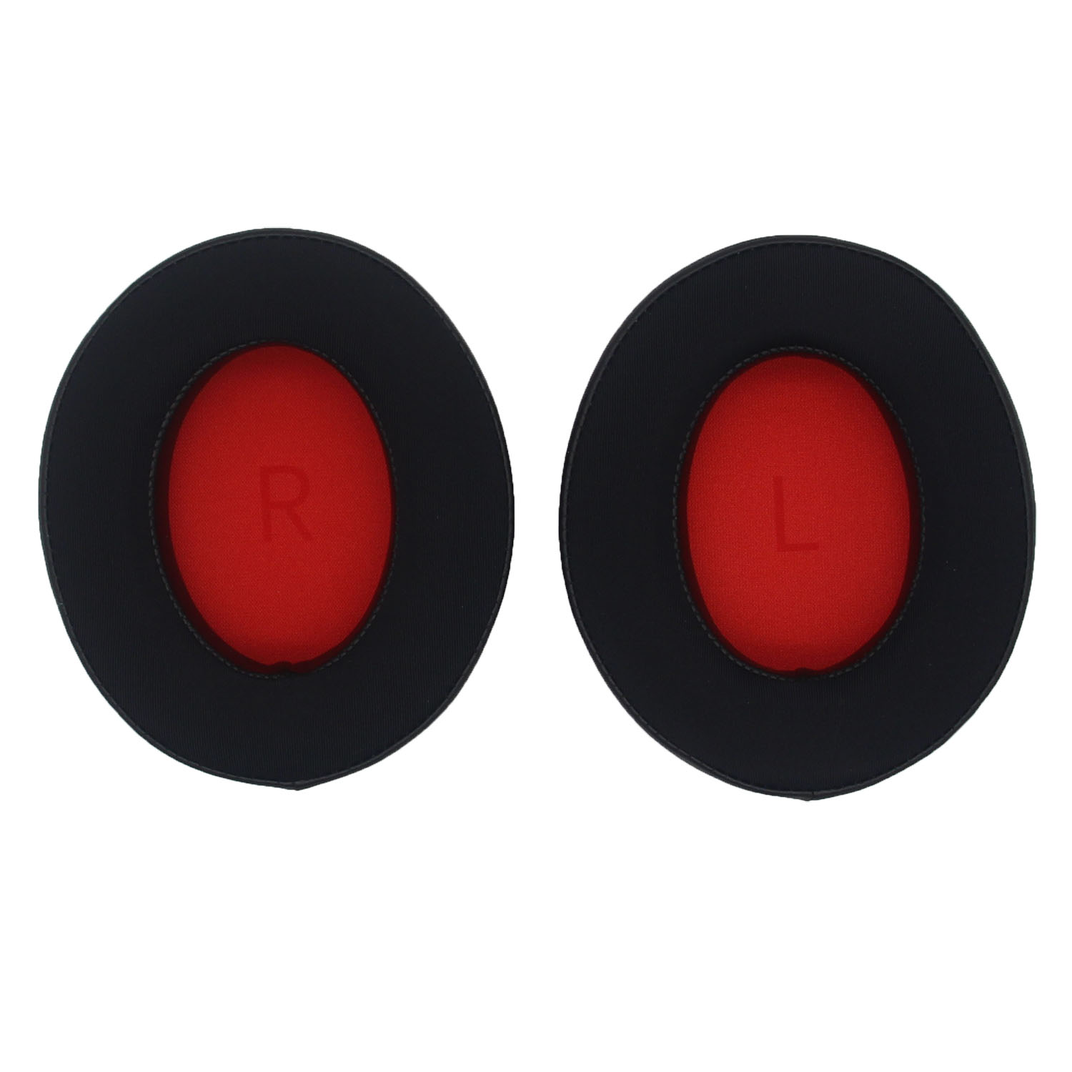 Due cuscinetti auricolari neri con centri rossi contrassegnati 'R' e 'L', sfondo bianco.