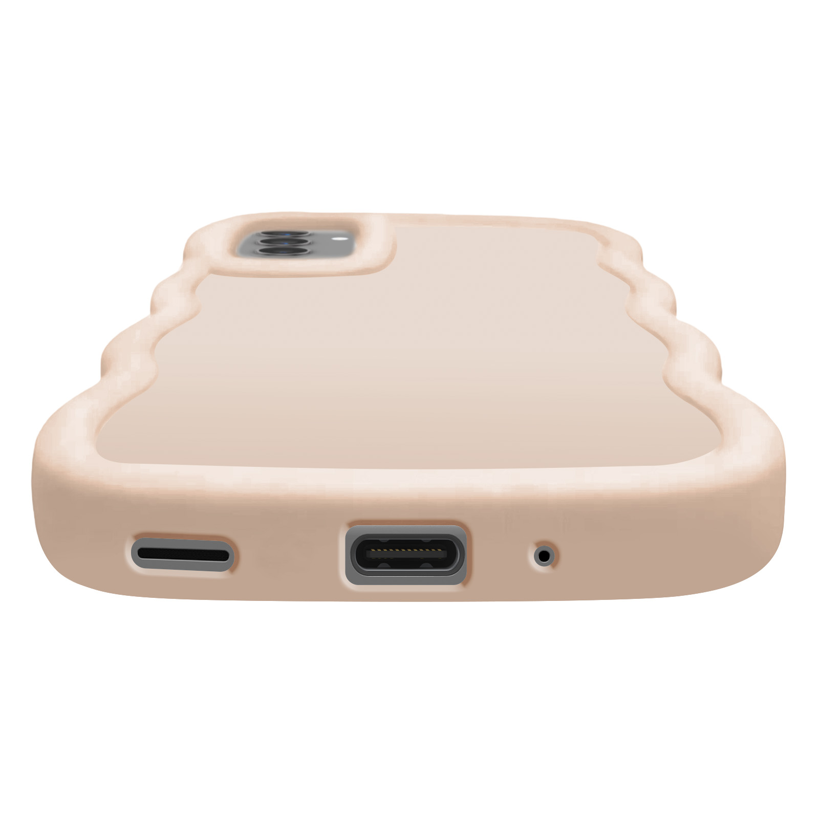 Primo piano di una custodia per telefono rosa chiaro con bordo ondulato, che mostra la porta di ricarica e la fotocamera.