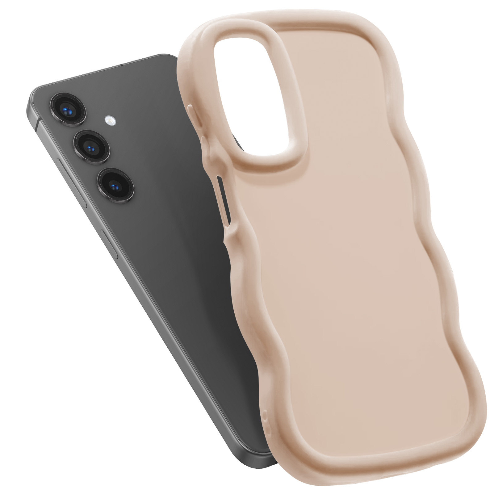 Una custodia rosa per telefono accanto a un telefono nero con tre lenti della fotocamera. La custodia ha bordi ondulati.