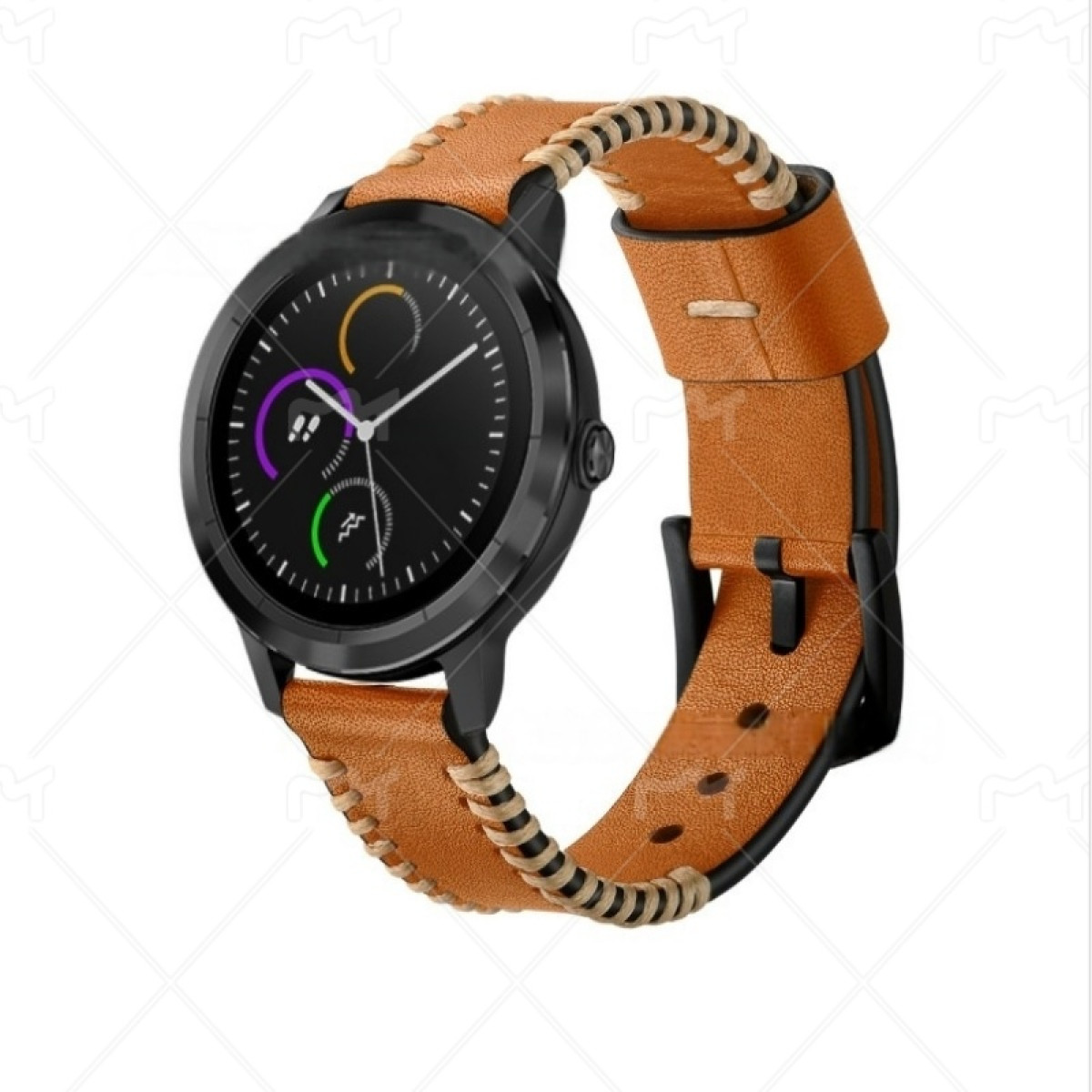Smartwatch nero con cinturino in pelle marrone. Il quadrante è nero.