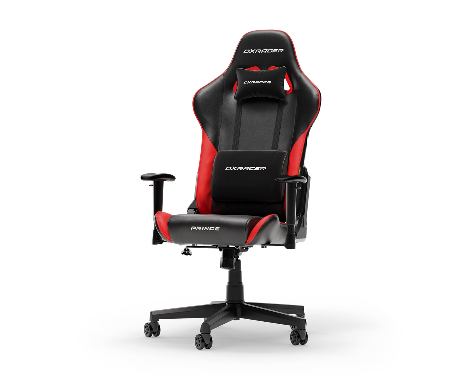 Ein schwarz-roter Gaming-Stuhl mit den Texten 'DXRACER' und 'PRINCE'.