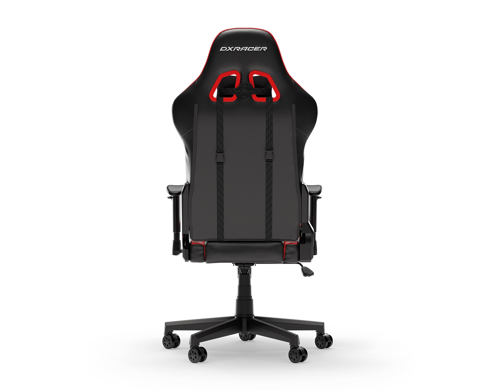 Rückansicht eines schwarz-roten Gaming-Stuhls mit hohem Rücken, Rädern und schwarzem Untergestell.