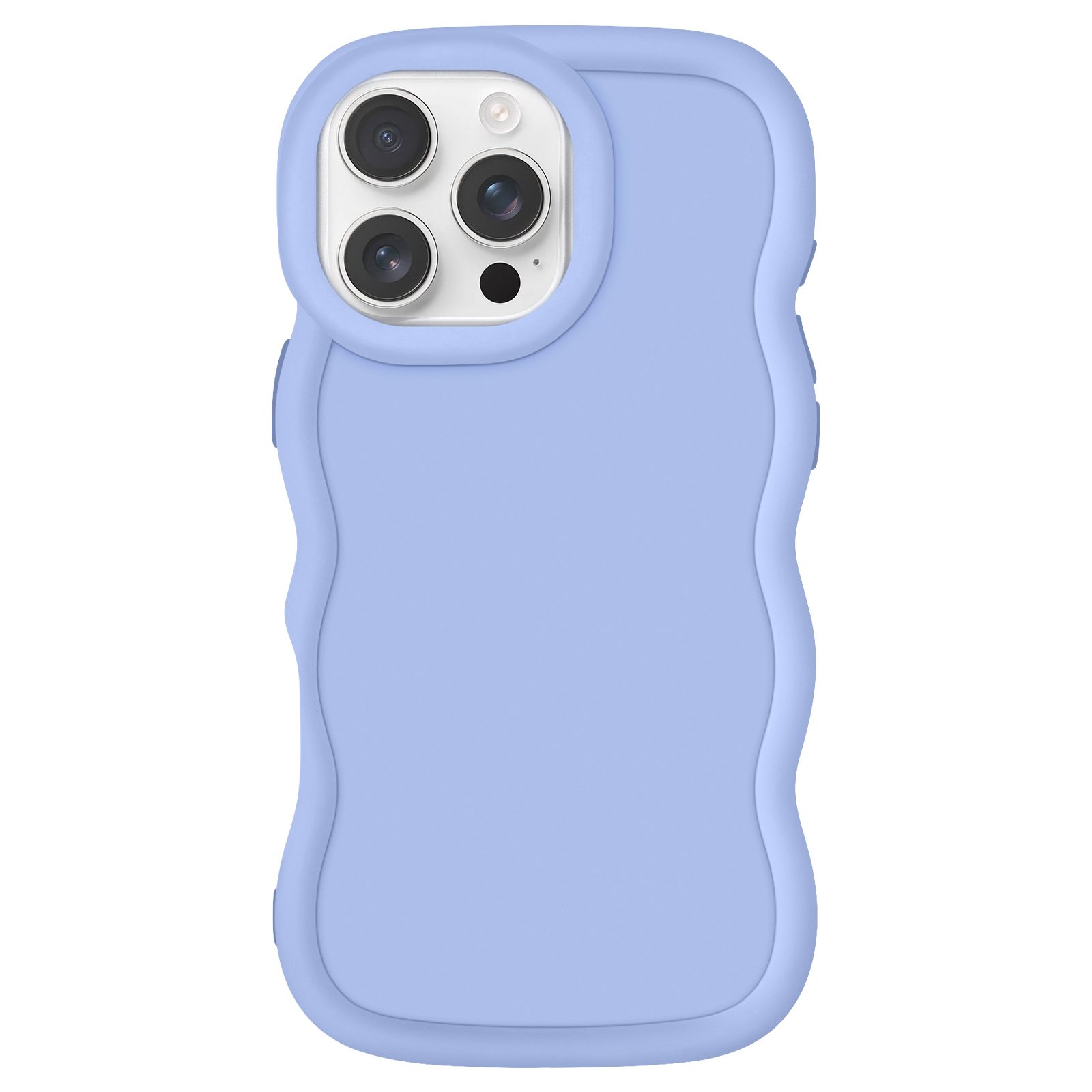 Custodia per telefono azzurra con bordo ondulato, copre la fotocamera.