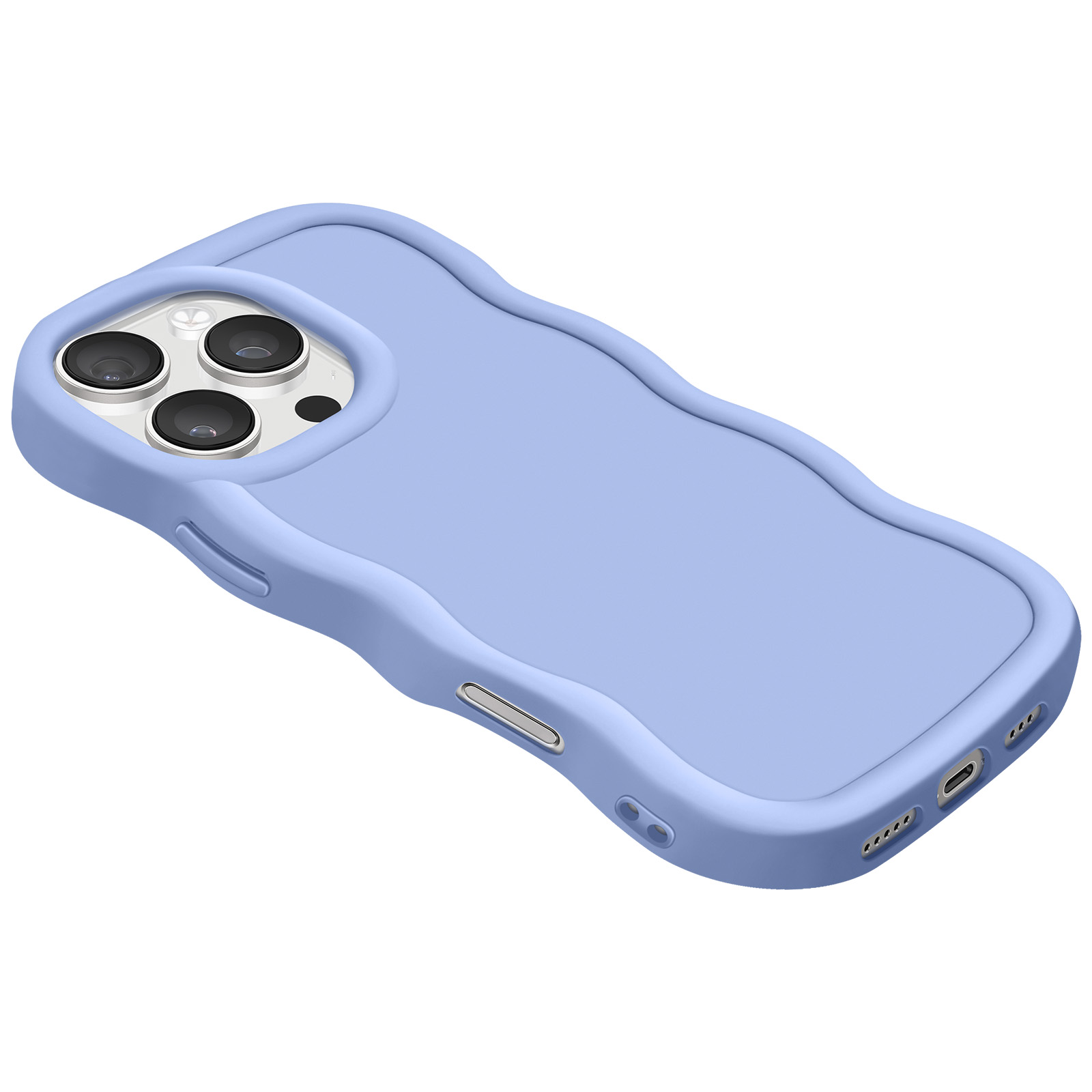 Una custodia per telefono azzurra con bordo ondulato, per un iPhone.