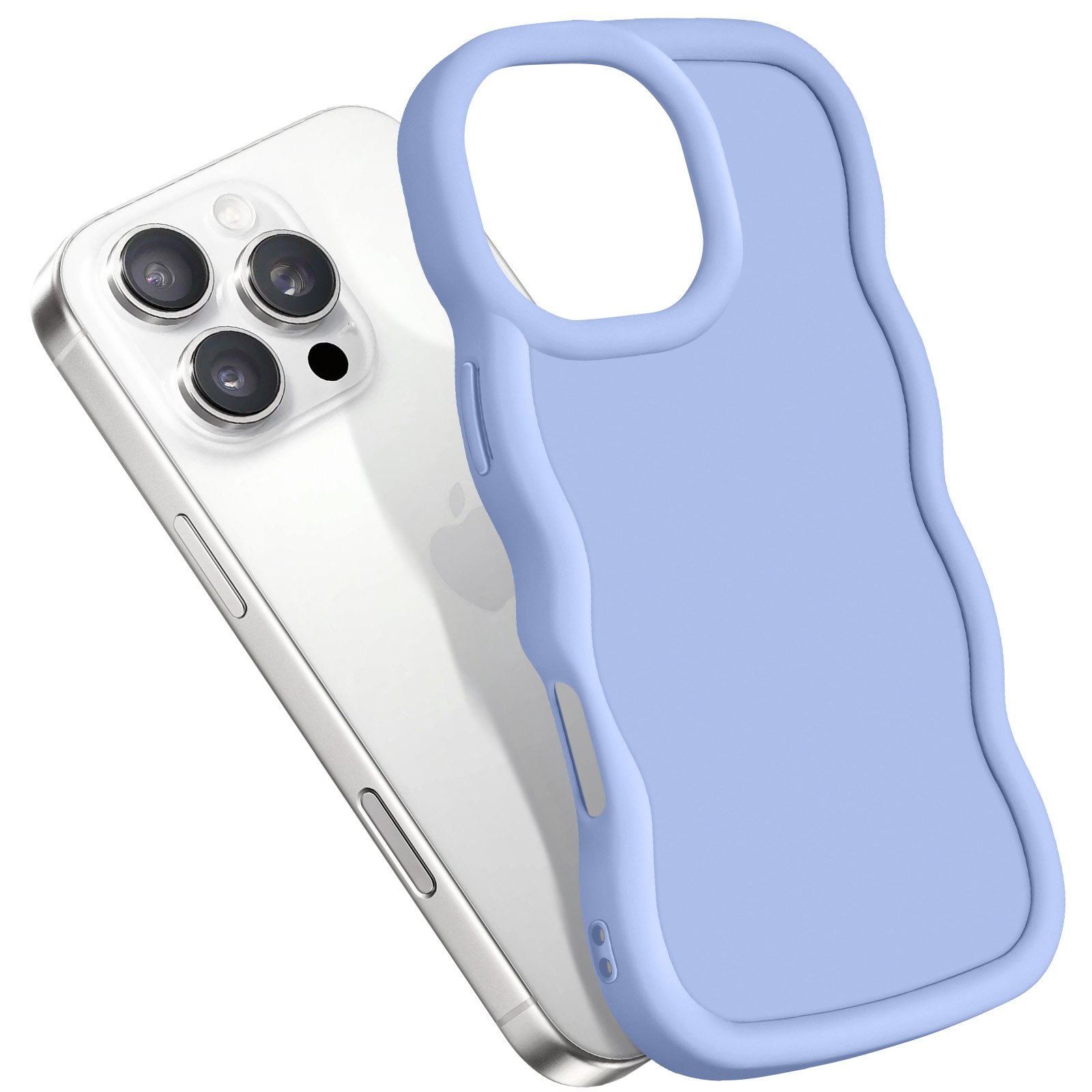 iPhone con una custodia azzurra, dai bordi ondulati, che copre parzialmente il retro del telefono.