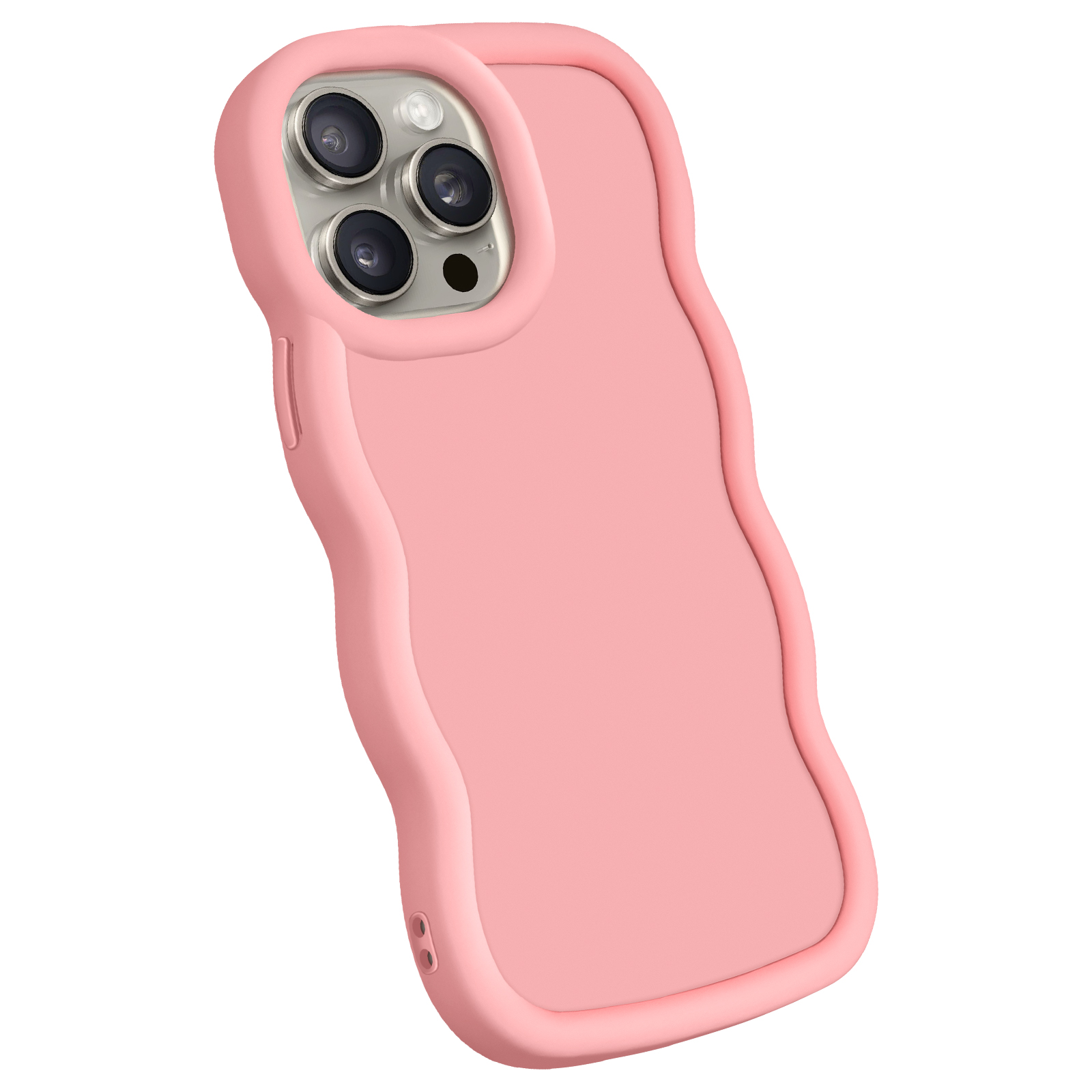 Custodia rosa per telefono con bordi ondulati. Ha un ritaglio per la fotocamera. Lo sfondo è bianco.