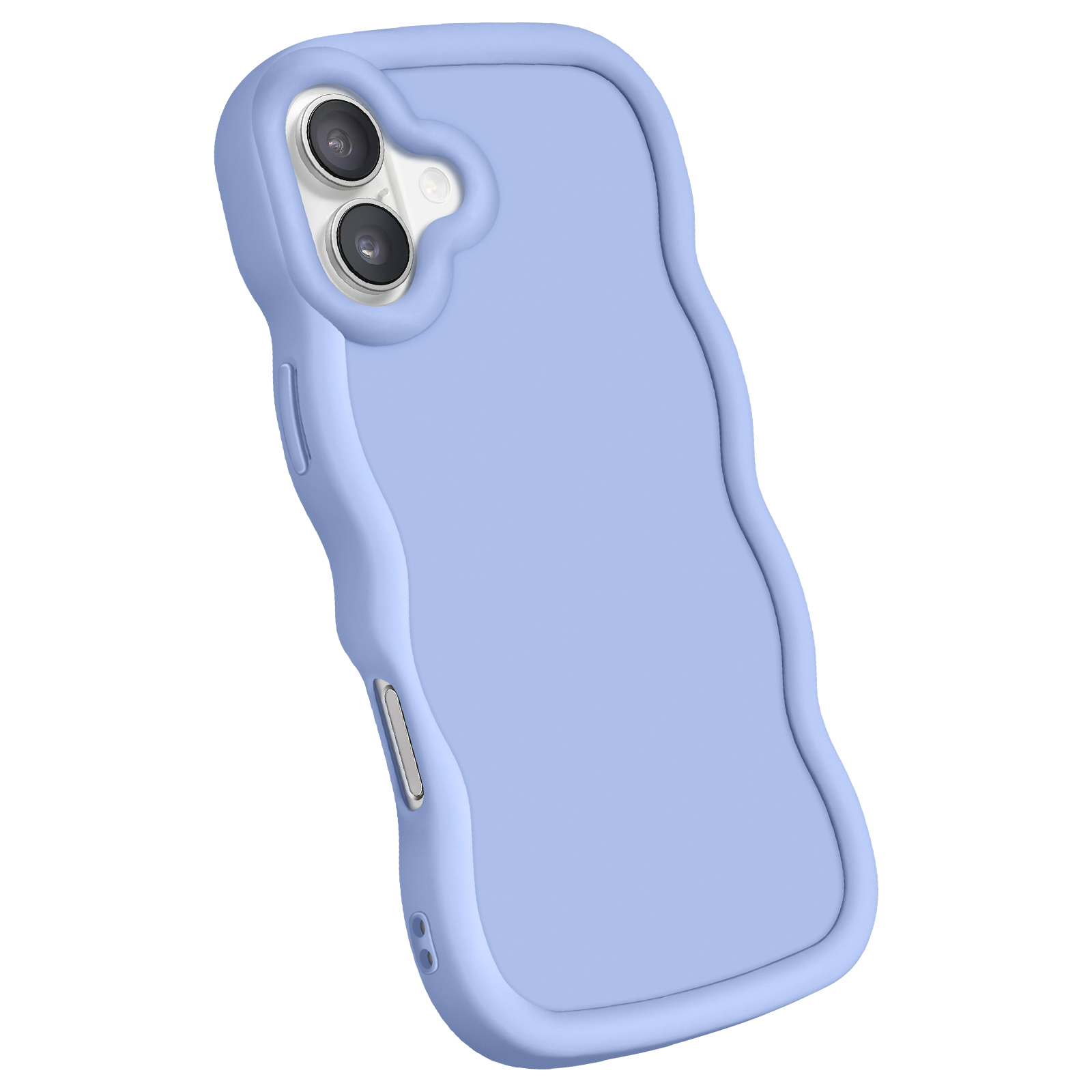 Eine hellblaue Handyhülle mit wellenförmigem Design. Das Telefon ist teilweise in der Mitte sichtbar.