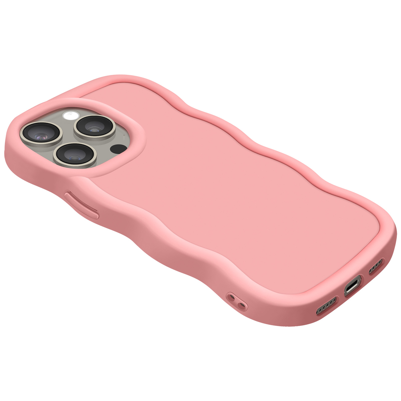 Custodia rosa per telefono con un design ondulato. Ha tre ritagli per la fotocamera e porte.