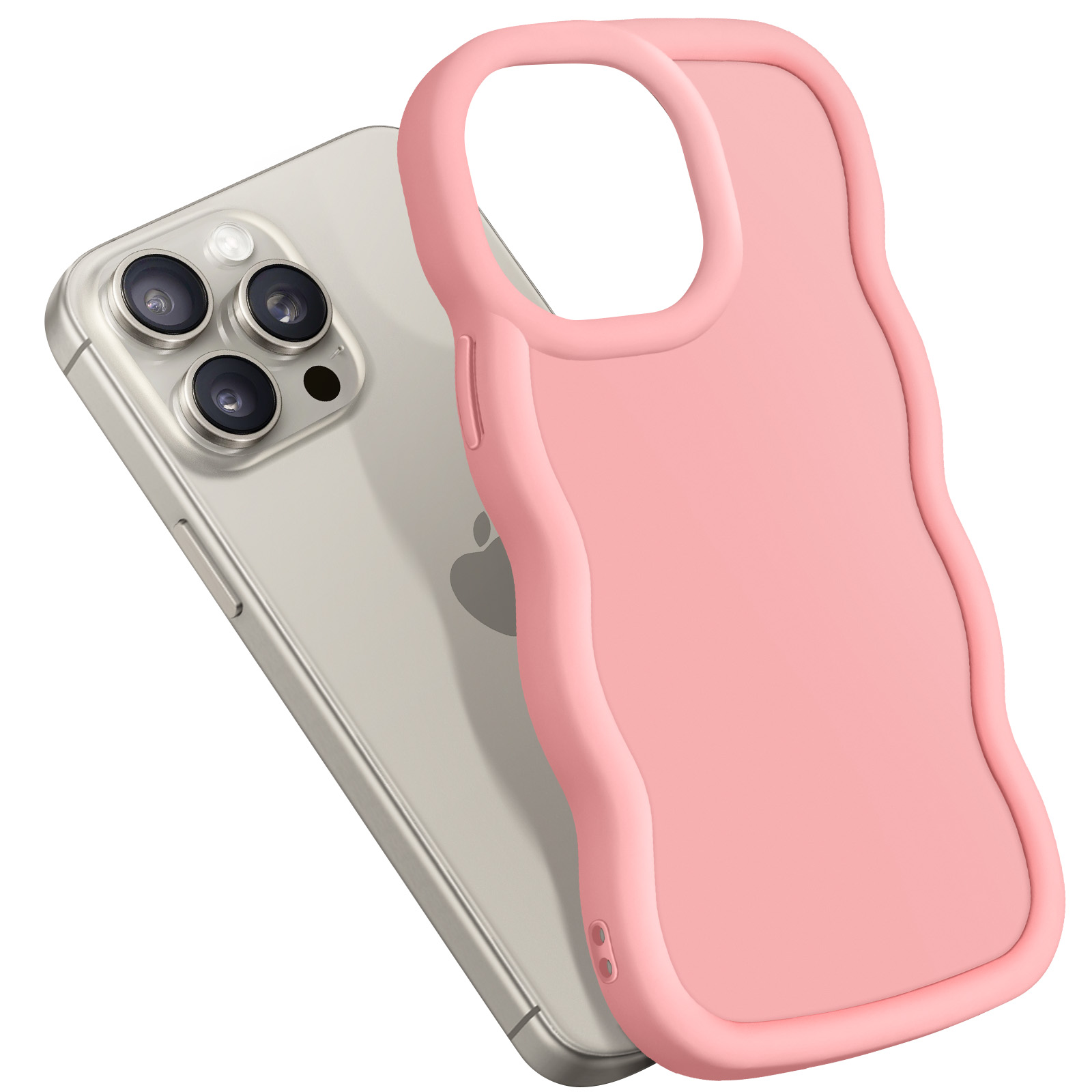 Custodia rosa per telefono su iPhone argentato. Bordi ondulati, protegge il telefono.