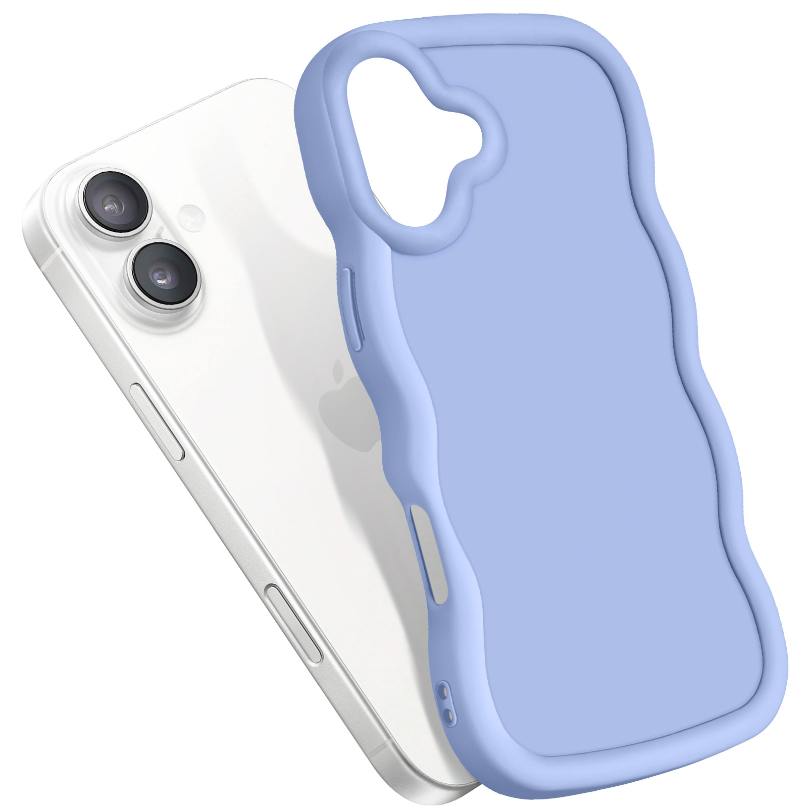 Eine Handyhülle mit hellblauem Wellendesign, neben einem Telefon, mit weißem Hintergrund.