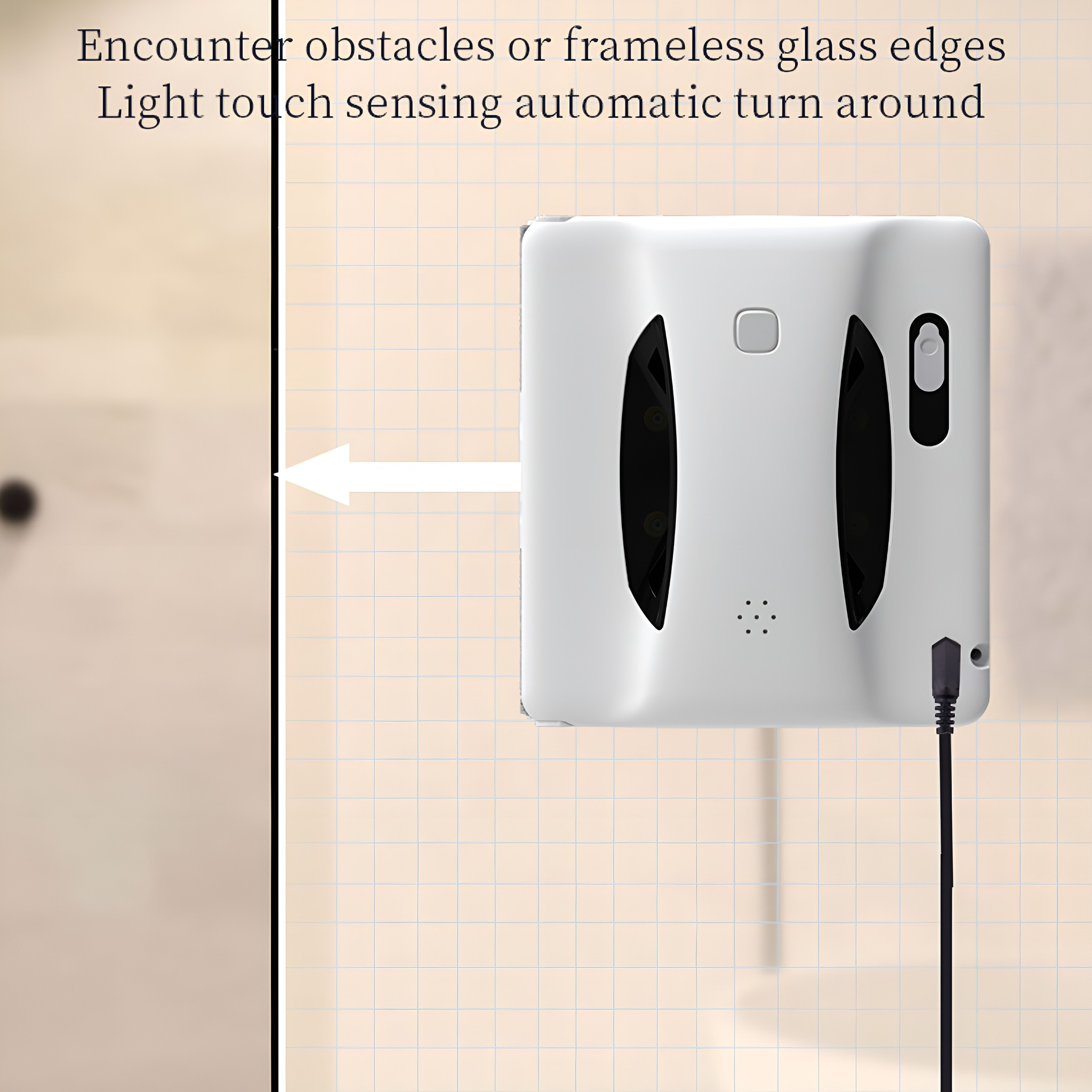 Weißer Fensterputzroboter an einem Fenster, mit Netzkabel und Text über Hindernisse.