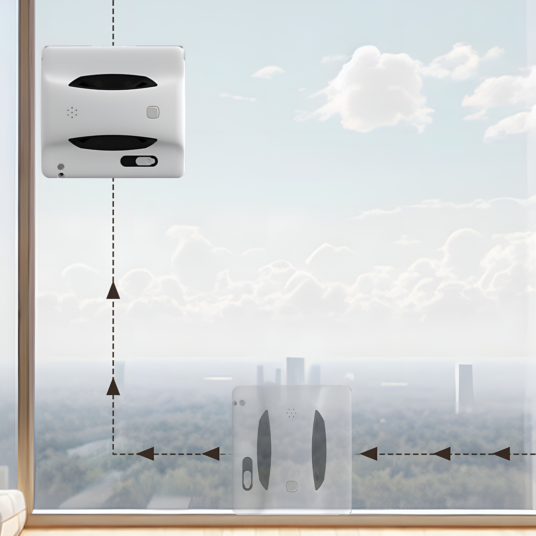 Fensterputzer an einem Fenster, mit Himmelhintergrund.