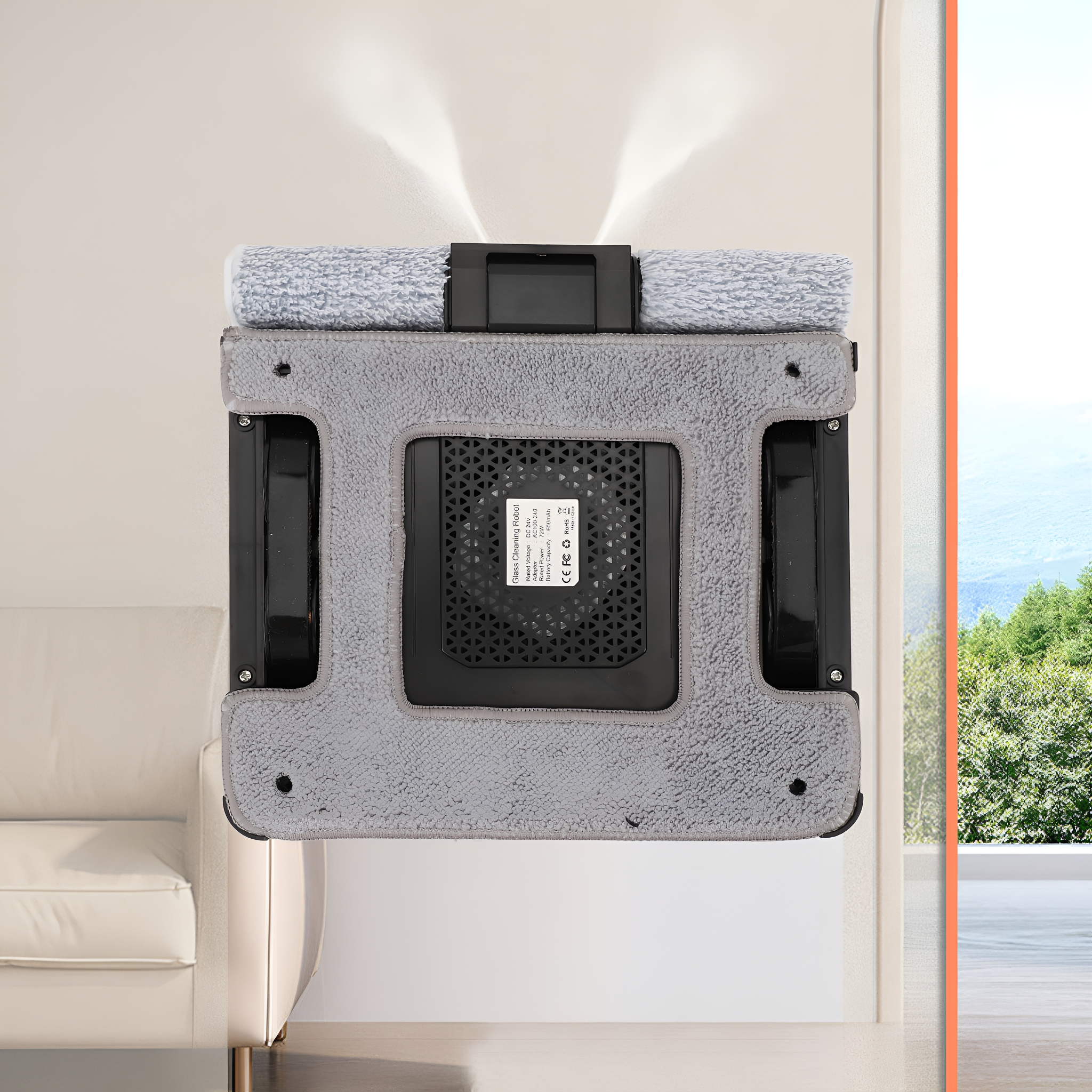 Fensterputzroboter an einer Wand. Grau und schwarz mit weißem Hintergrund.