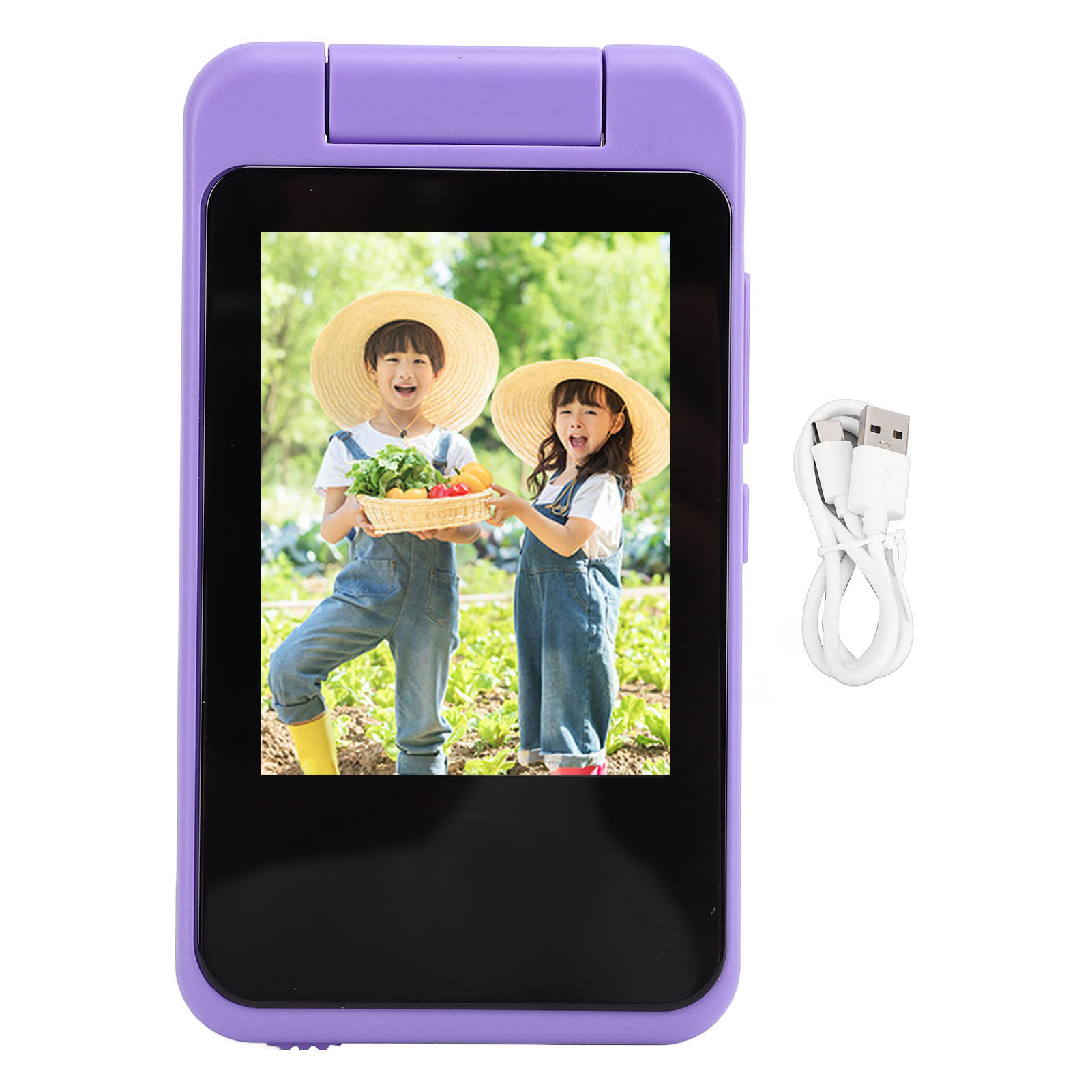 Lila Klapphandy mit zwei Kindern und einem USB-Kabel.