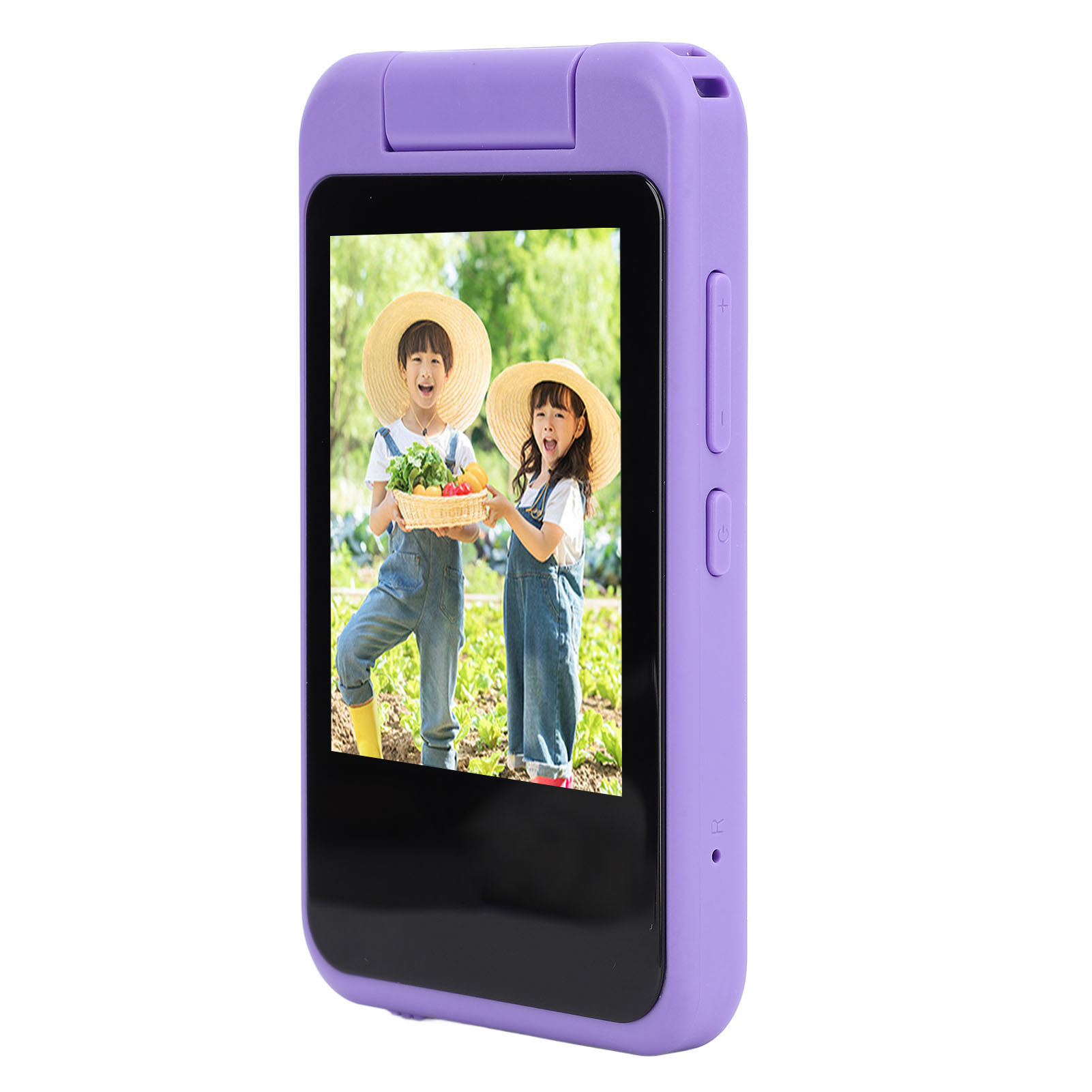 Ein lila Handheld-Gerät zeigt zwei Kinder, die Gemüse in einem Garten halten.