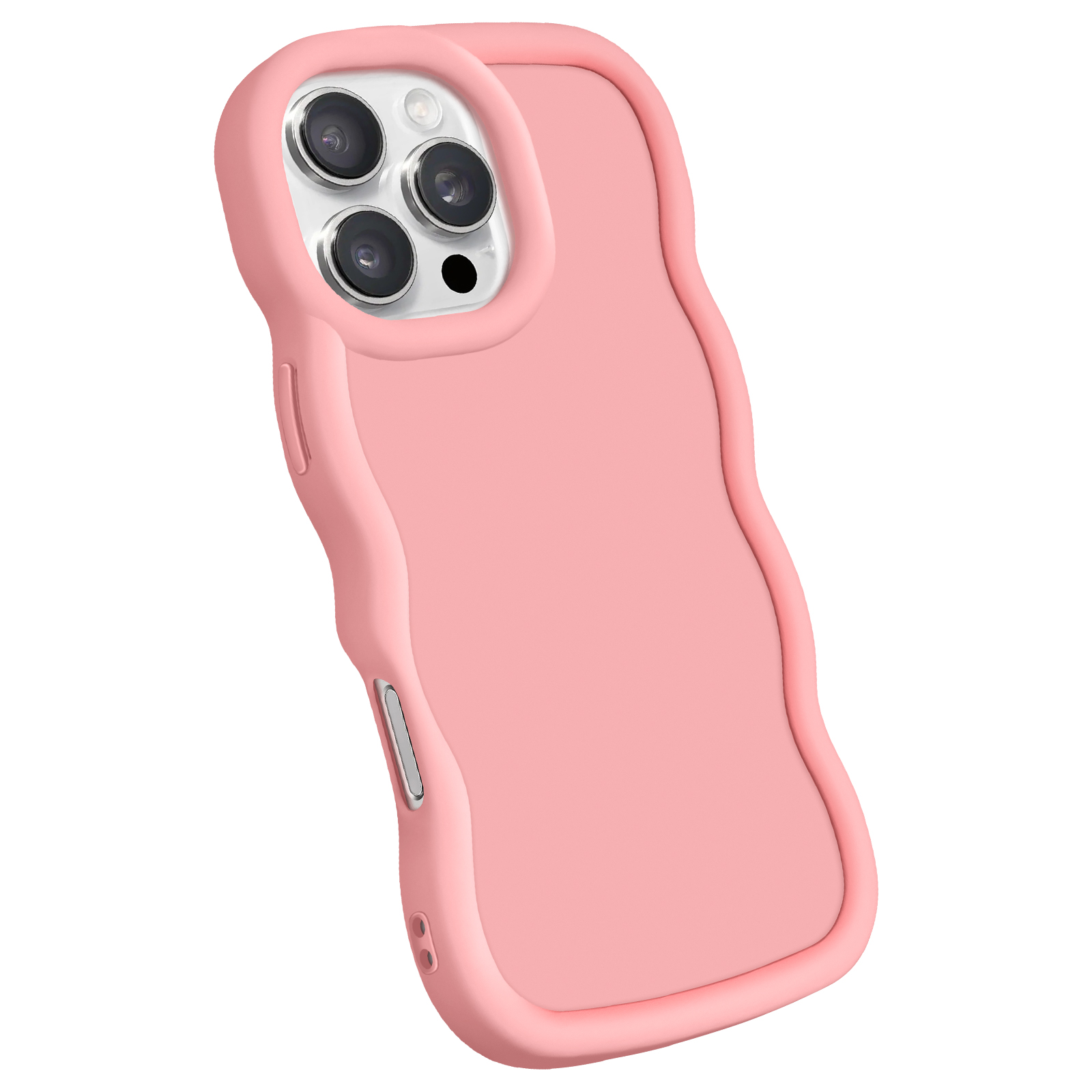Una custodia per telefono rosa con bordo ondulato, con tre fotocamere visibili.
