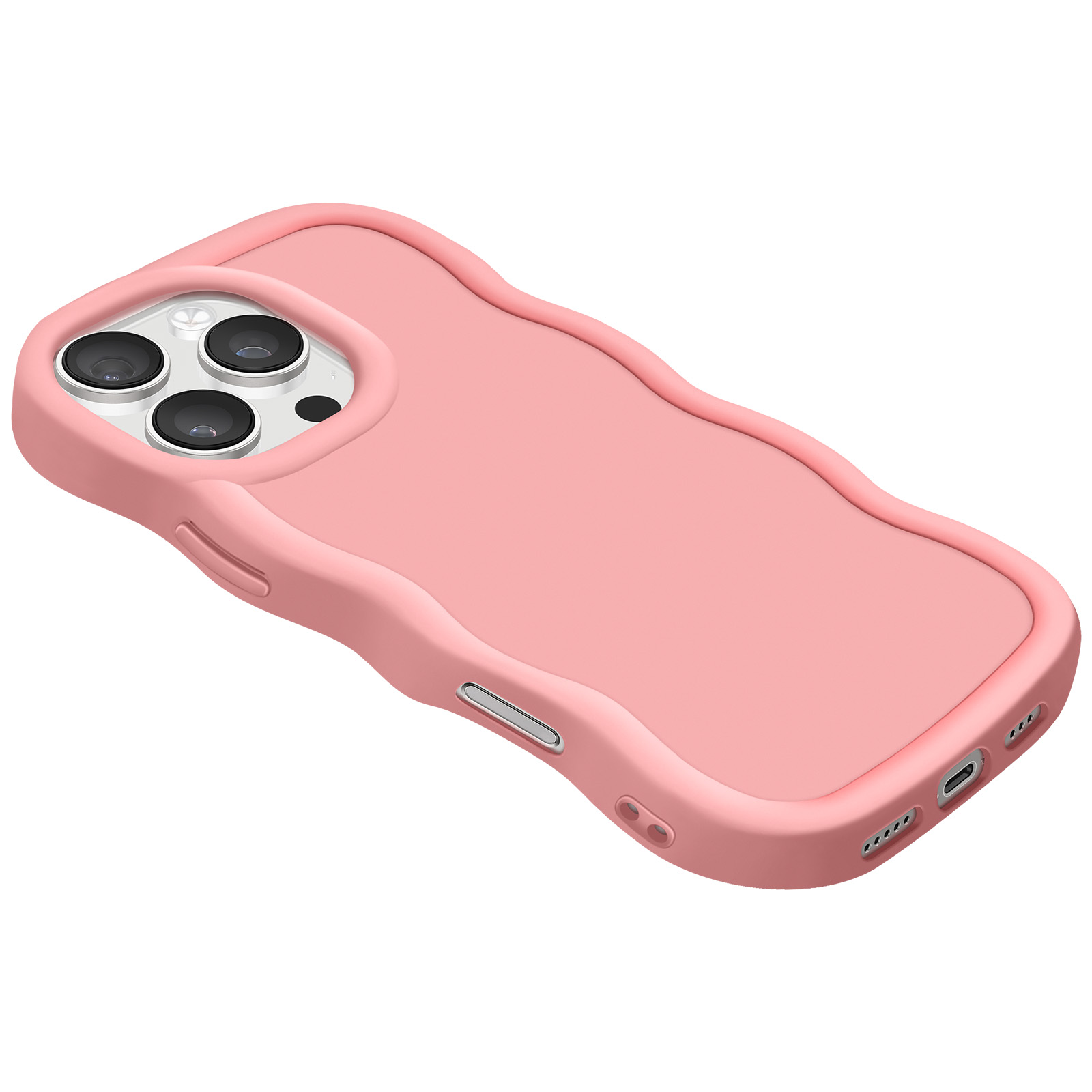 Custodia rosa con bordi ondulati e tre fori per fotocamera, isolata su sfondo bianco.