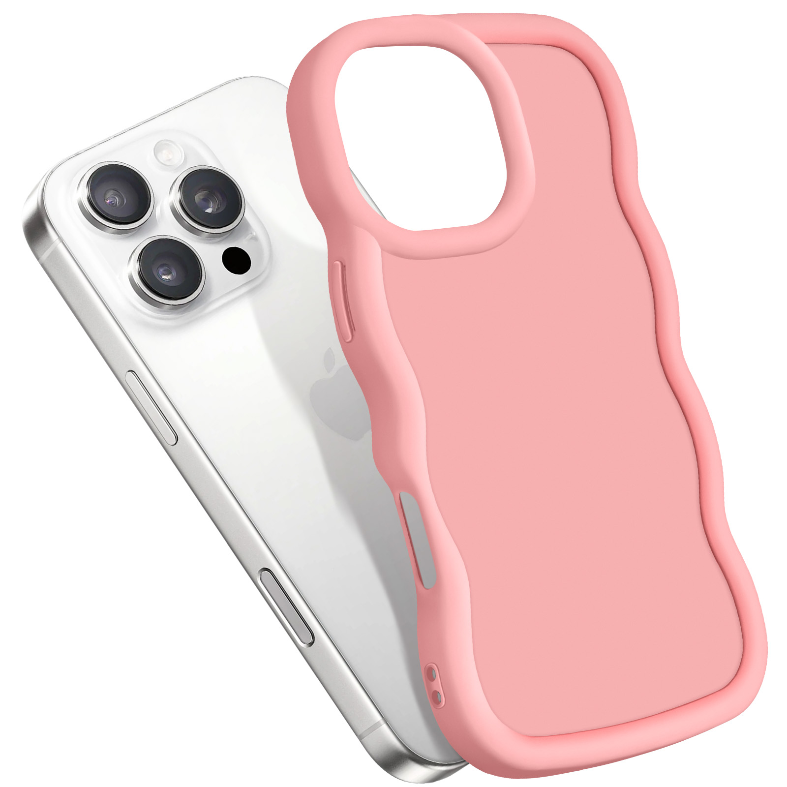 Un iPhone in una custodia rosa con bordi ondulati. La custodia è sul telefono ad angolo.