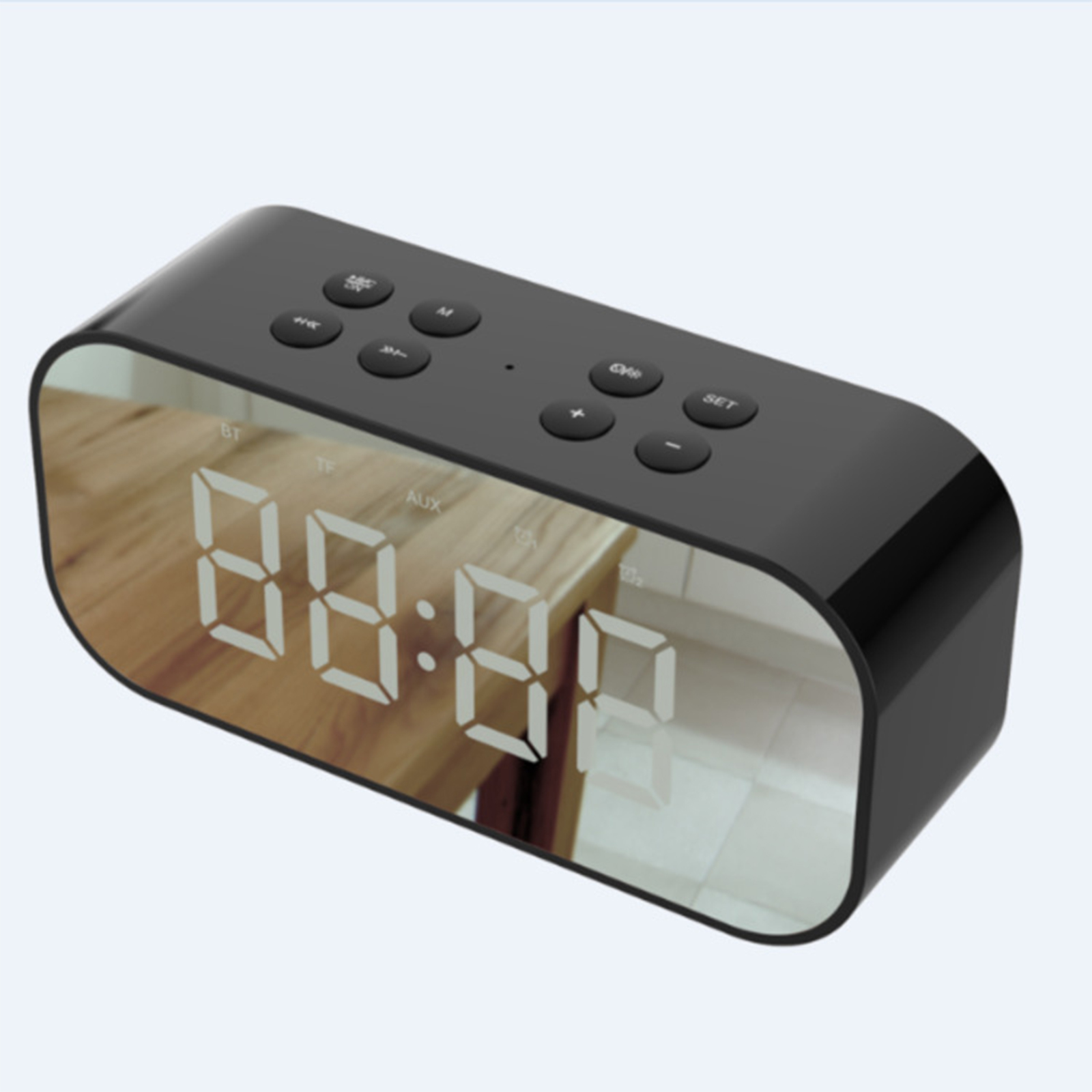 Schwarze Spiegeluhr mit digitaler Anzeige auf weißer Oberfläche.