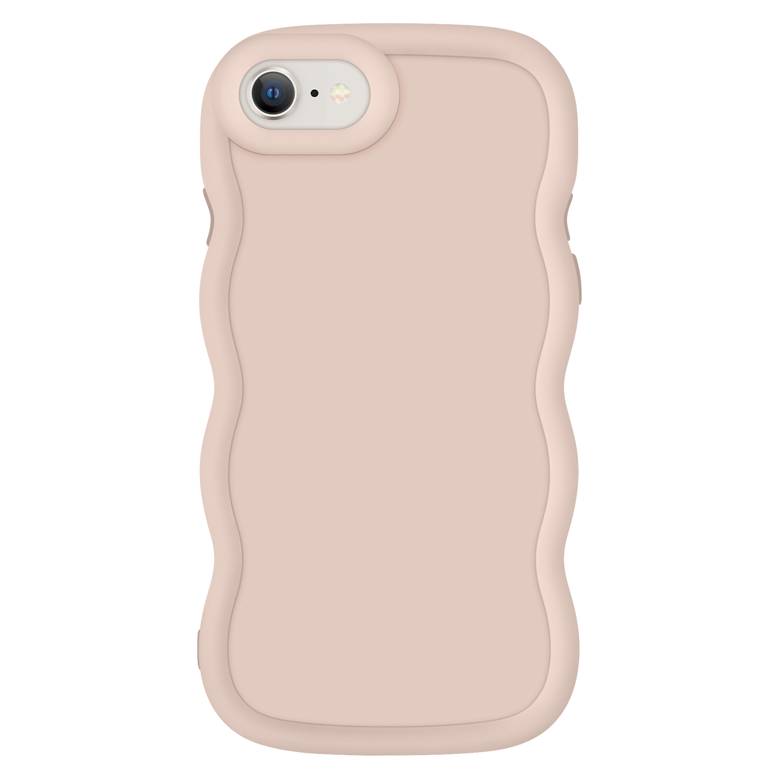 Una custodia rosa per telefono con fotocamera e design curvo.