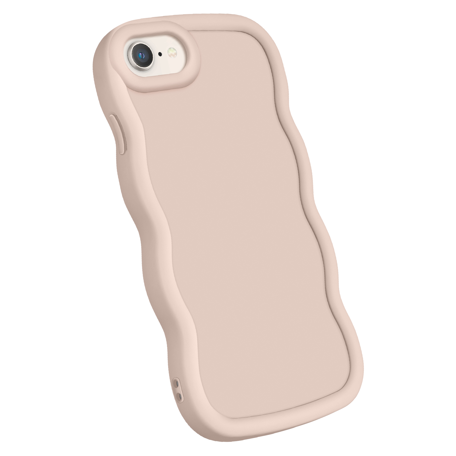 Custodia rosa per telefono con bordi ondulati su superficie bianca. Fori per fotocamera e pulsanti.