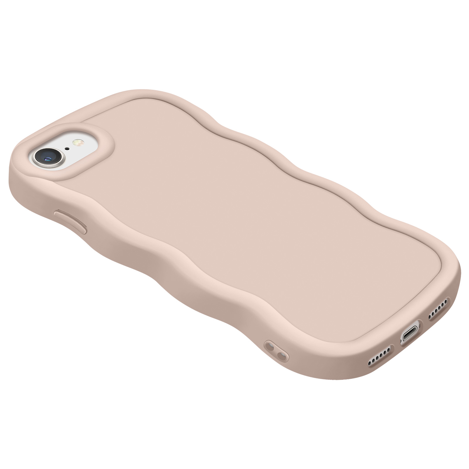 Una custodia per telefono rosa chiaro. Ha un design a bordo ondulato e un'apertura per la fotocamera.