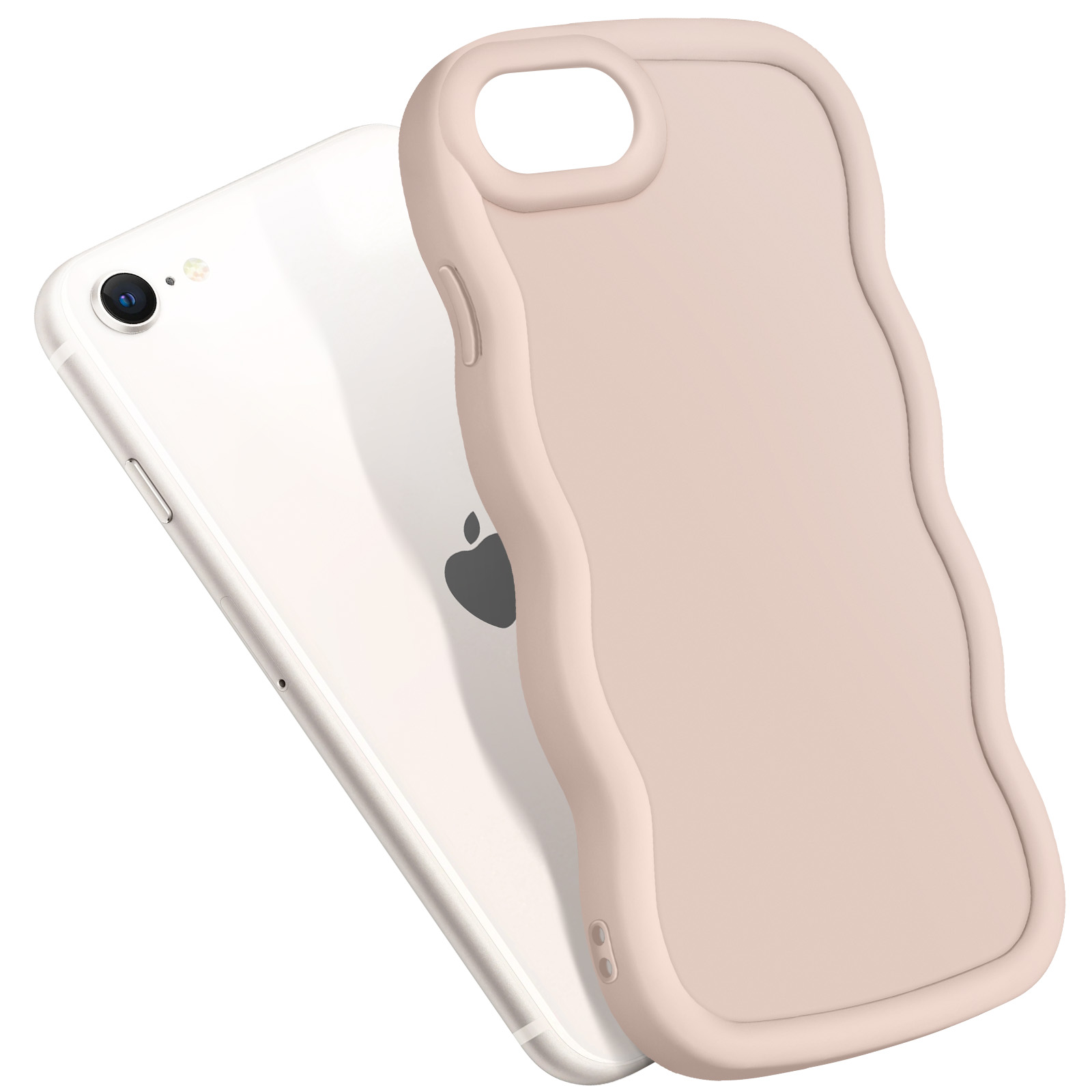Una custodia rosa per telefono su un telefono bianco, che mostra il logo Apple. La custodia ha un design ondulato.