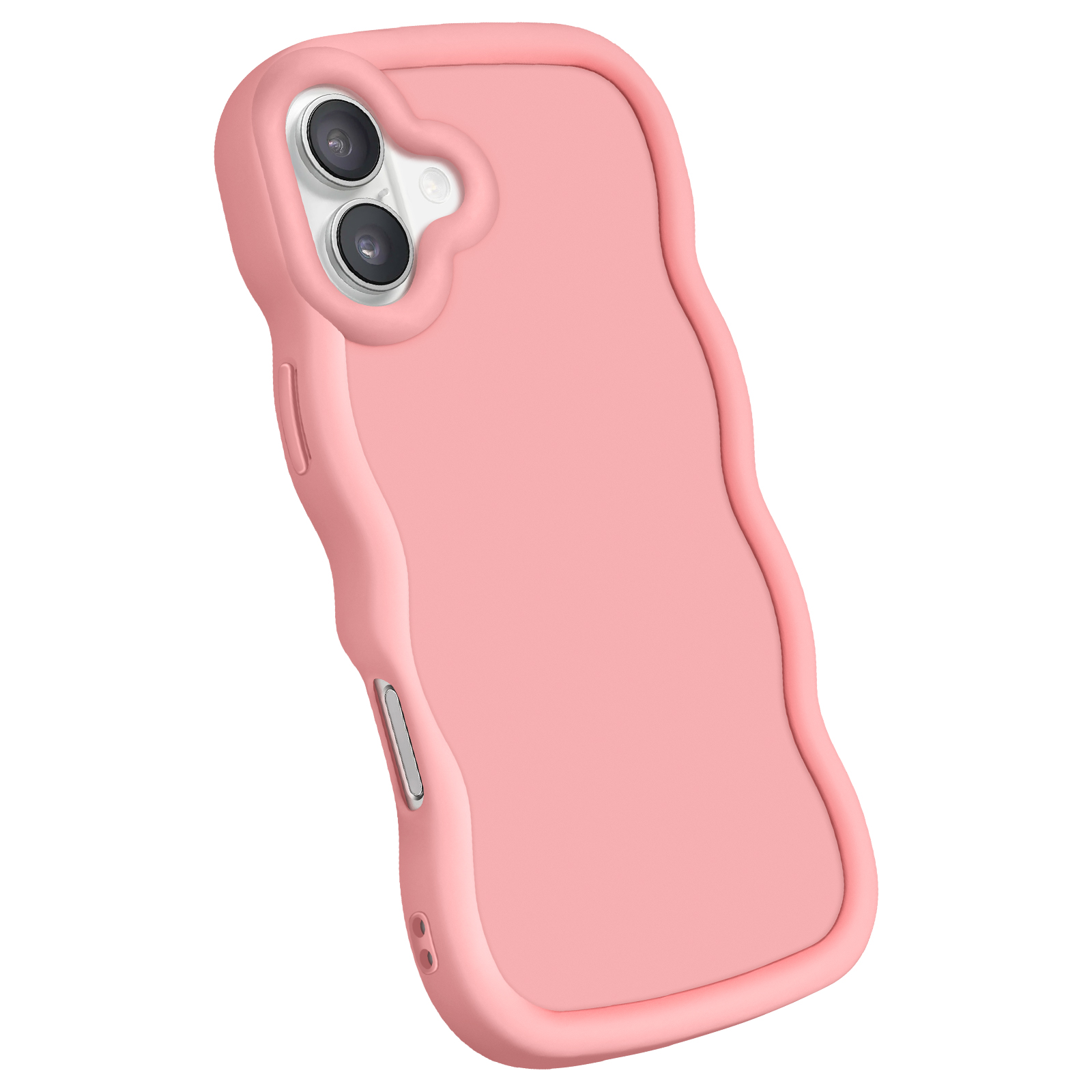 Eine pinkfarbene Handyhülle mit wellenförmigem Design und Aussparungen für die Kamera.