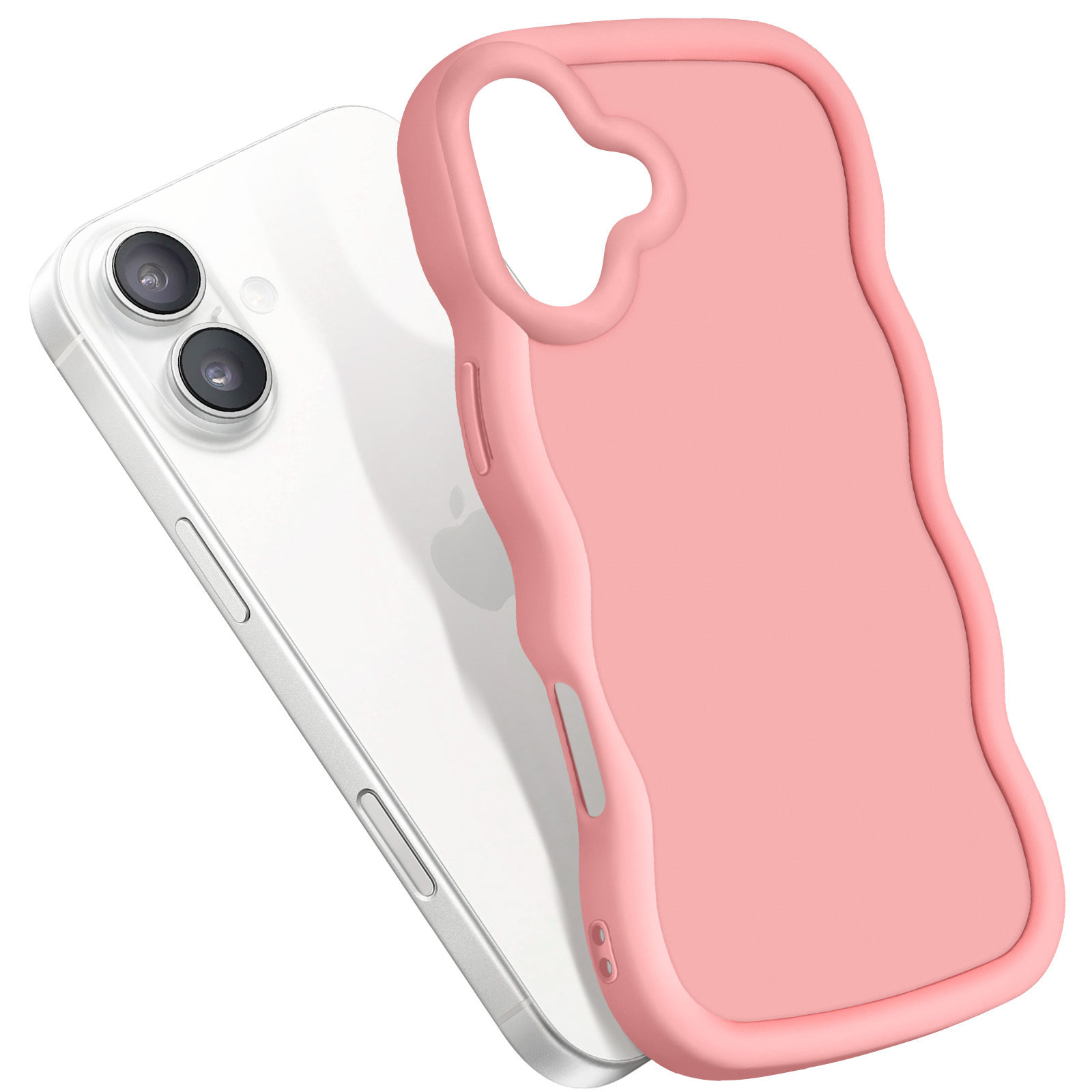 Eine rosa Handyhülle auf der Rückseite eines weißen Telefons. Die Hülle hat gewellte Kanten.