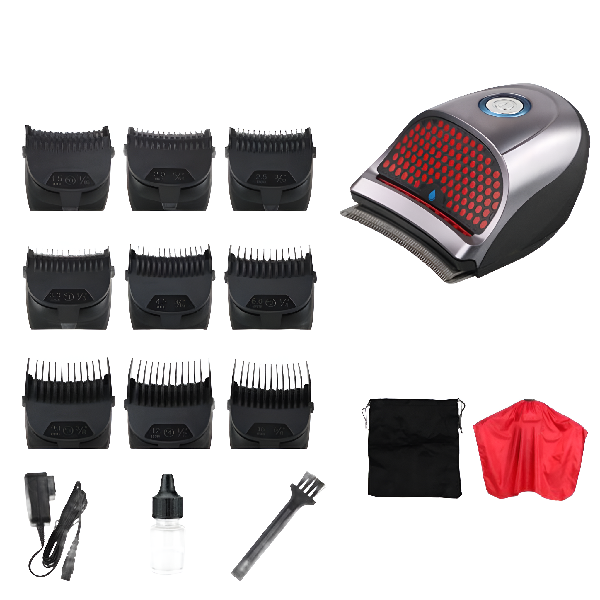Haarschneider, Klingen, Ladekabel, Öl, Reinigungsbürste, schwarze Tasche und roter Umhang.