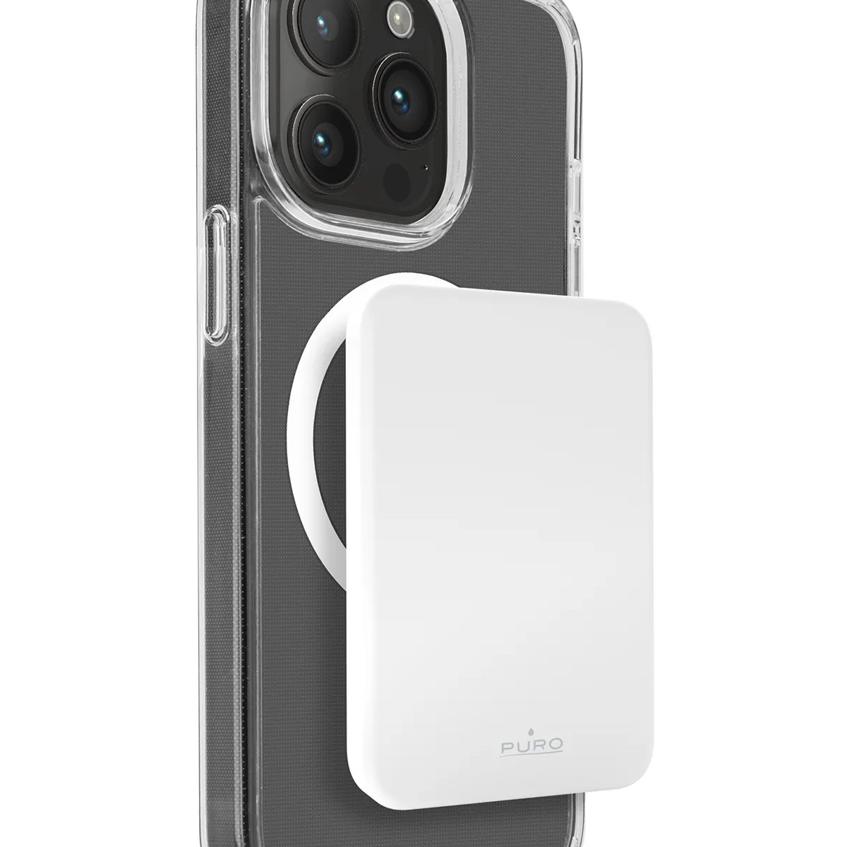 Eine transparente Handyhülle mit einem weißen MagSafe-Ladegerät.