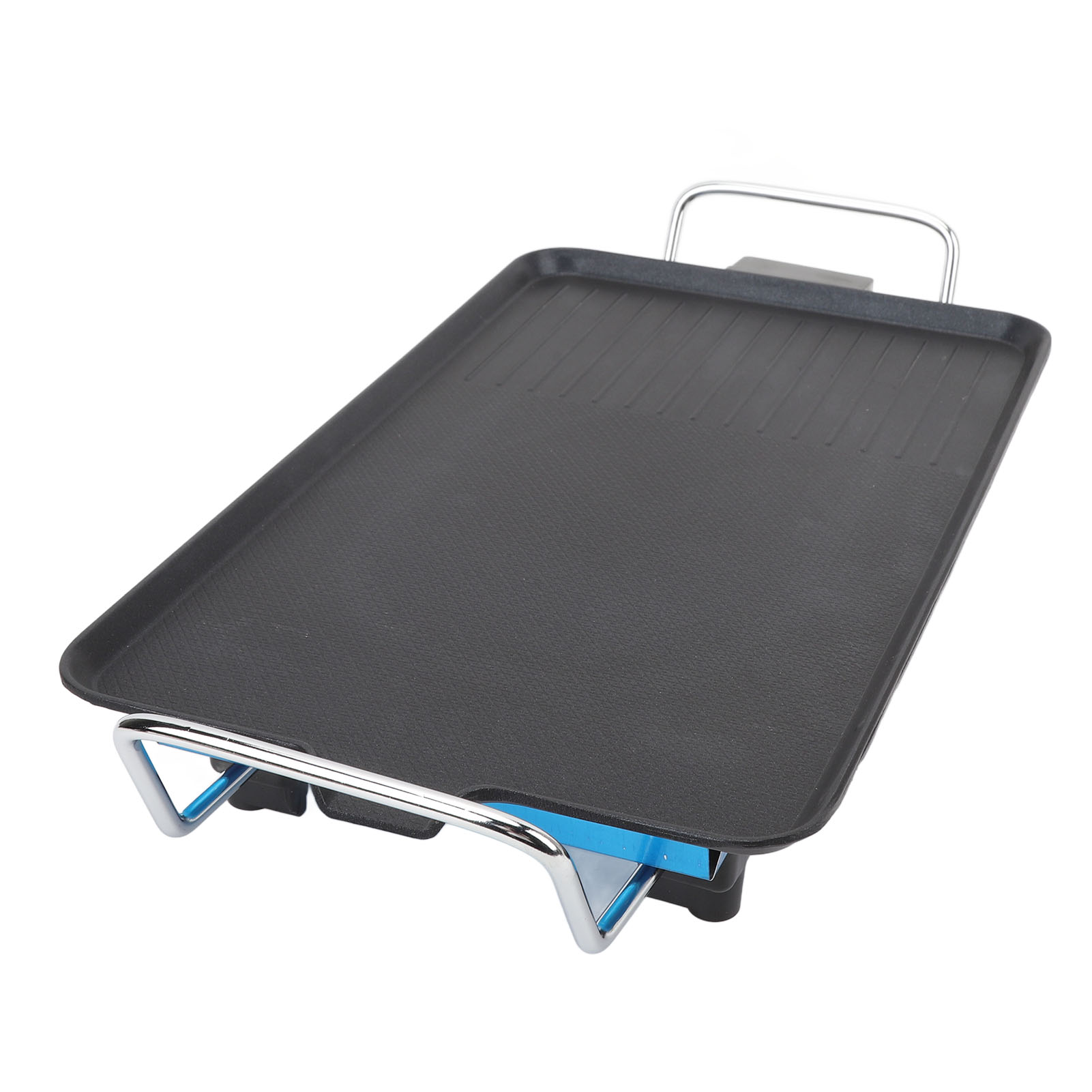 Schwarze rechteckige Grillpfanne mit einem silbernen Metallständer.