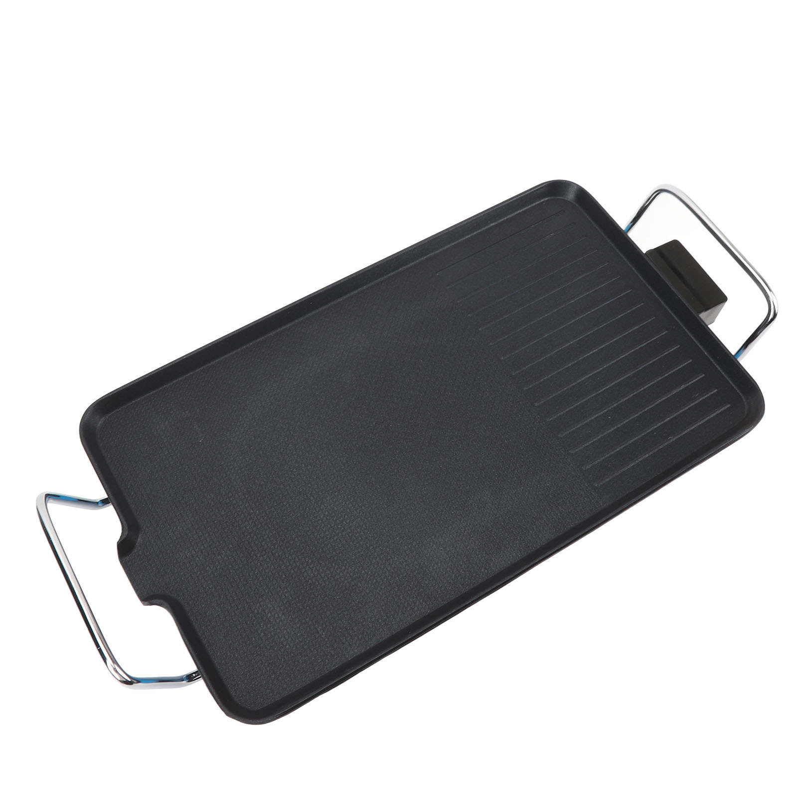 Schwarzer, rechteckiger Elektrogrill. Mit Heizelement und Griffen für den Transport.
