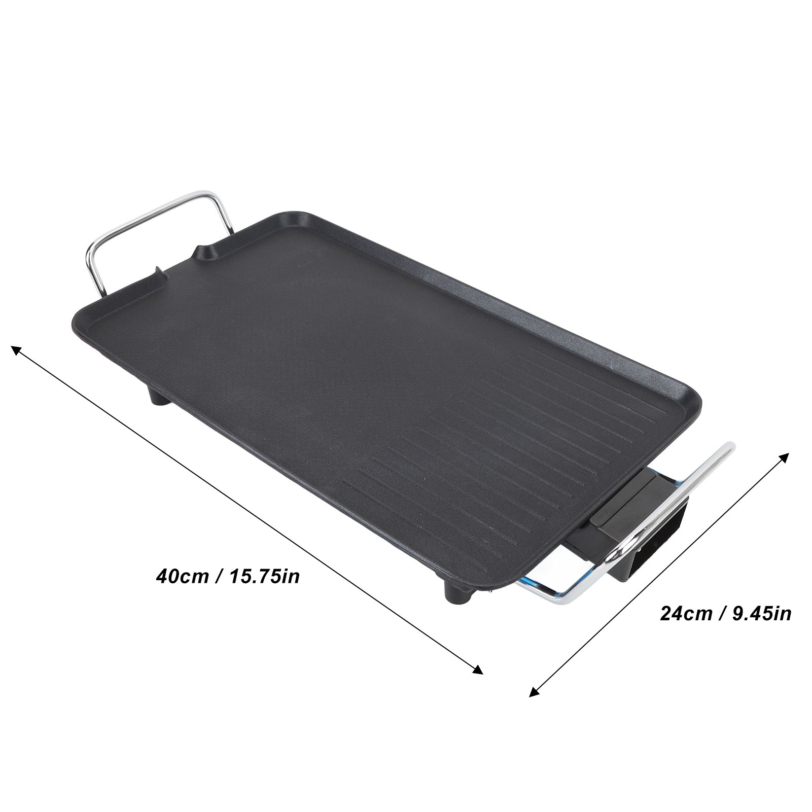 Schwarzer Elektrogrill mit Maßen. Flache Kochfläche mit Griff.