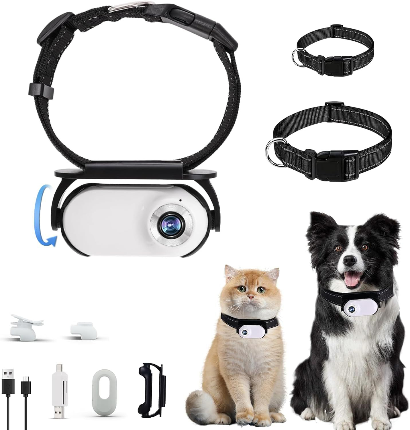Un collar con cámara para mascotas, con collar negro, cámara y accesorios.