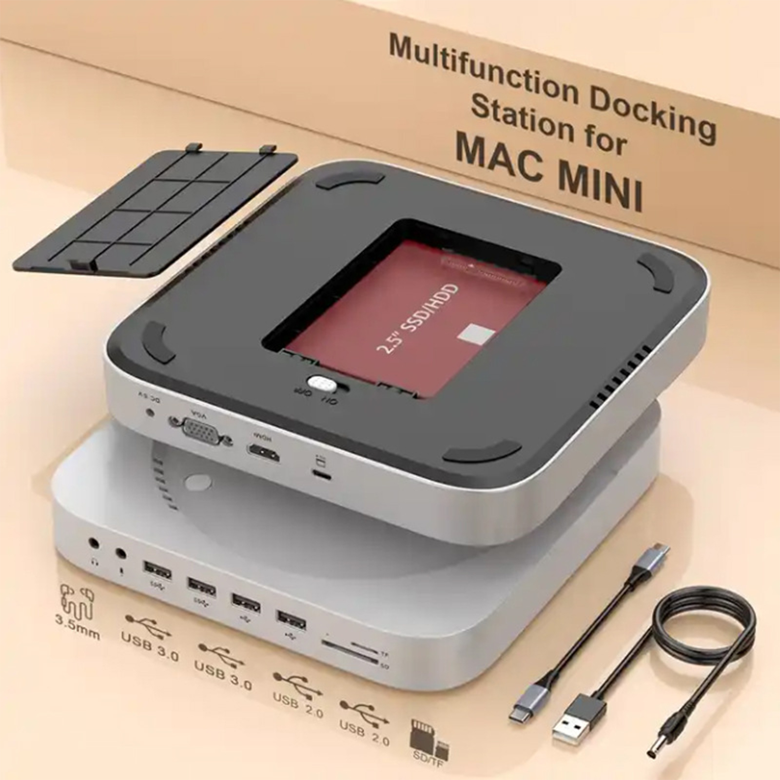 Eine Dockingstation für einen Mac Mini, mit verschiedenen Anschlüssen und einem 2,5" SSD/HDD-Steckplatz.
