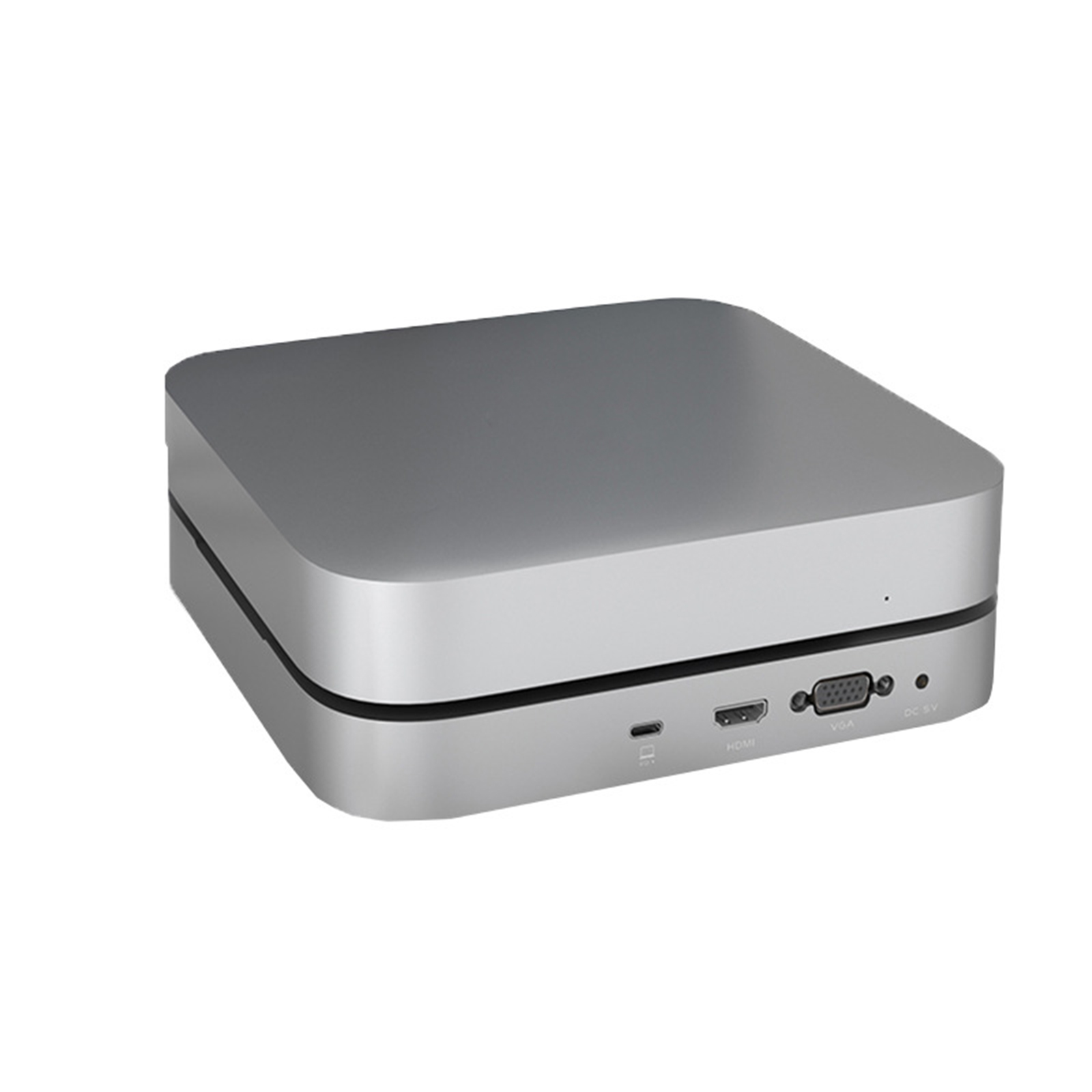 Eine silberne Box mit Anschlüssen. HDMI, USB und andere Anschlüsse sind sichtbar.