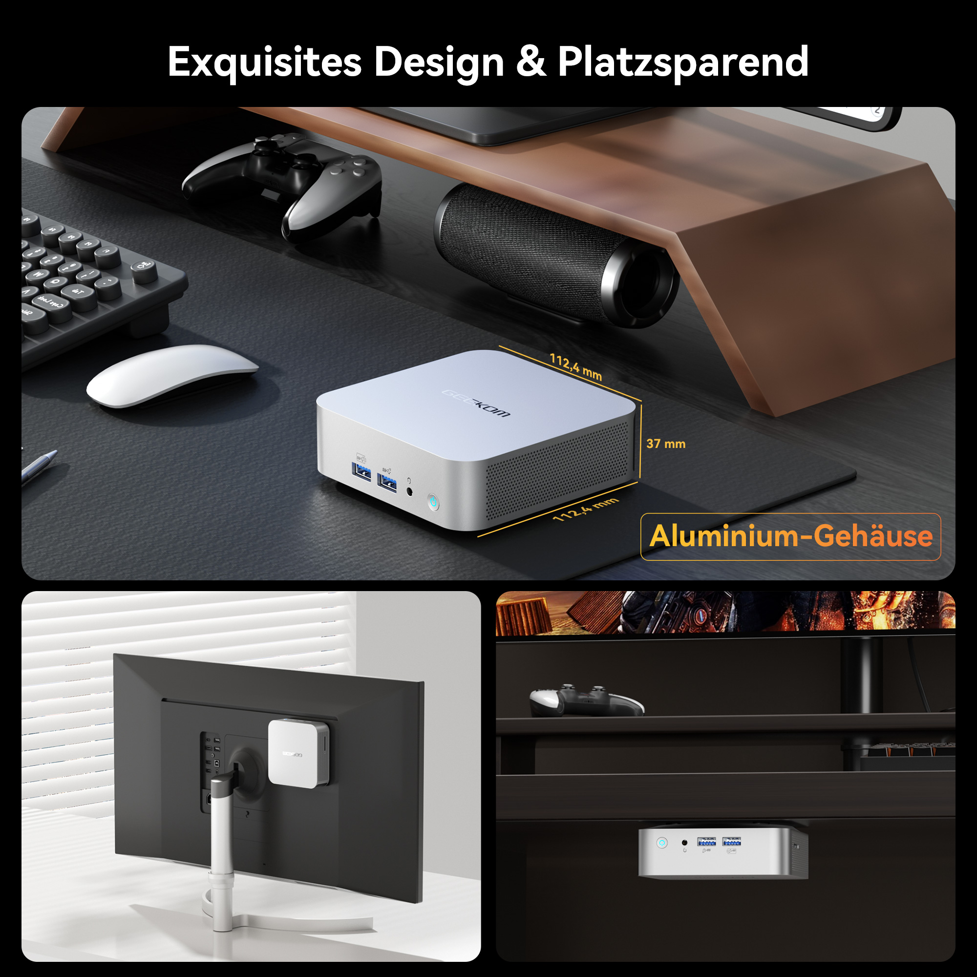 Ein weißer und silberner Mini-Computer mit Abmessungen, gezeigt mit einem Monitor, einer Maus und unter einem Regal.