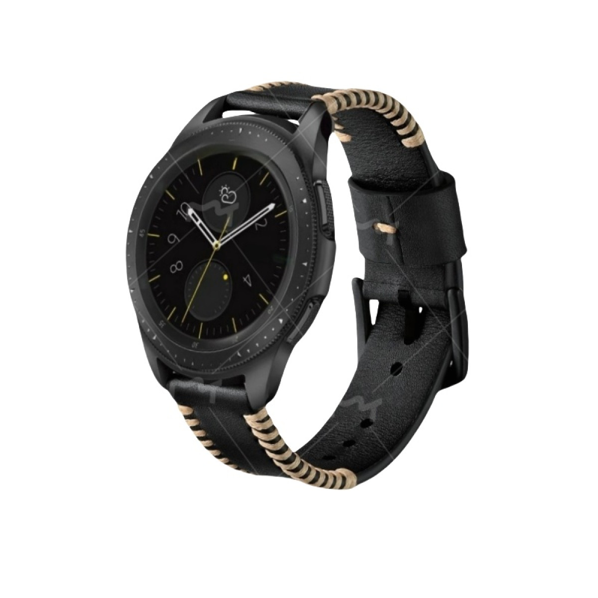 Smartwatch nero con cinturino in pelle nera. Mostra un quadrante con indicatori.