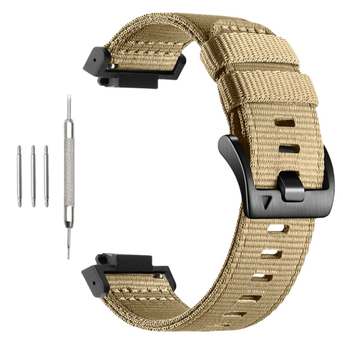 Beiges Nylon-Uhrenarmband mit schwarzer Schnalle, drei Metallstiften und Werkzeug.