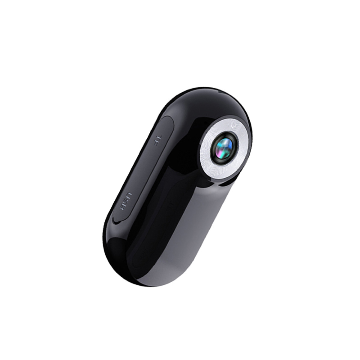 Schwarze, ovale Action-Kamera. USB und andere Tasten an der Seite.