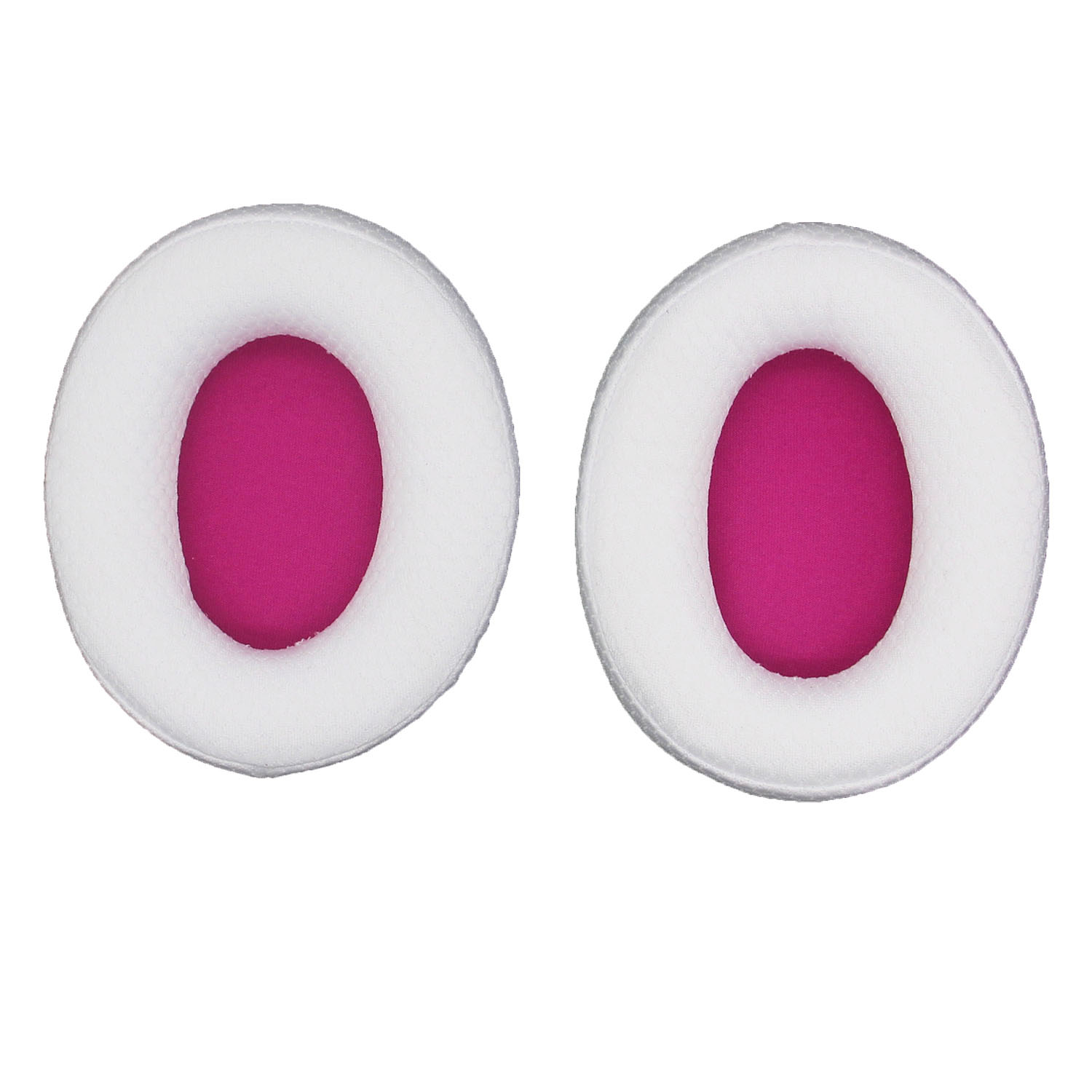 Twee witte en roze oorkussens voor een koptelefoon. Het midden is roze, omgeven door witte, cirkelvormige vulling.