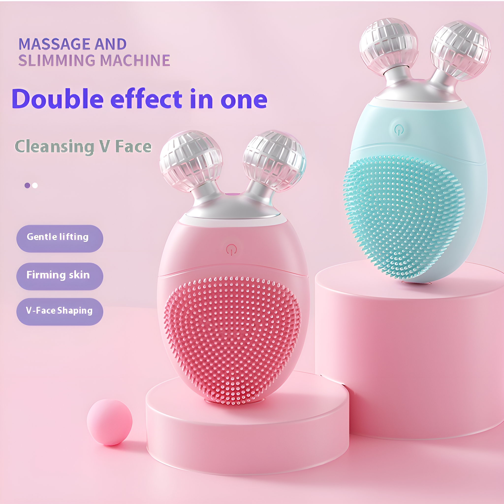 Rosa und blaues Gesichtsmassagegerät mit zwei rotierenden Köpfen. Der Hintergrund ist ein rosa und weißes Podest.