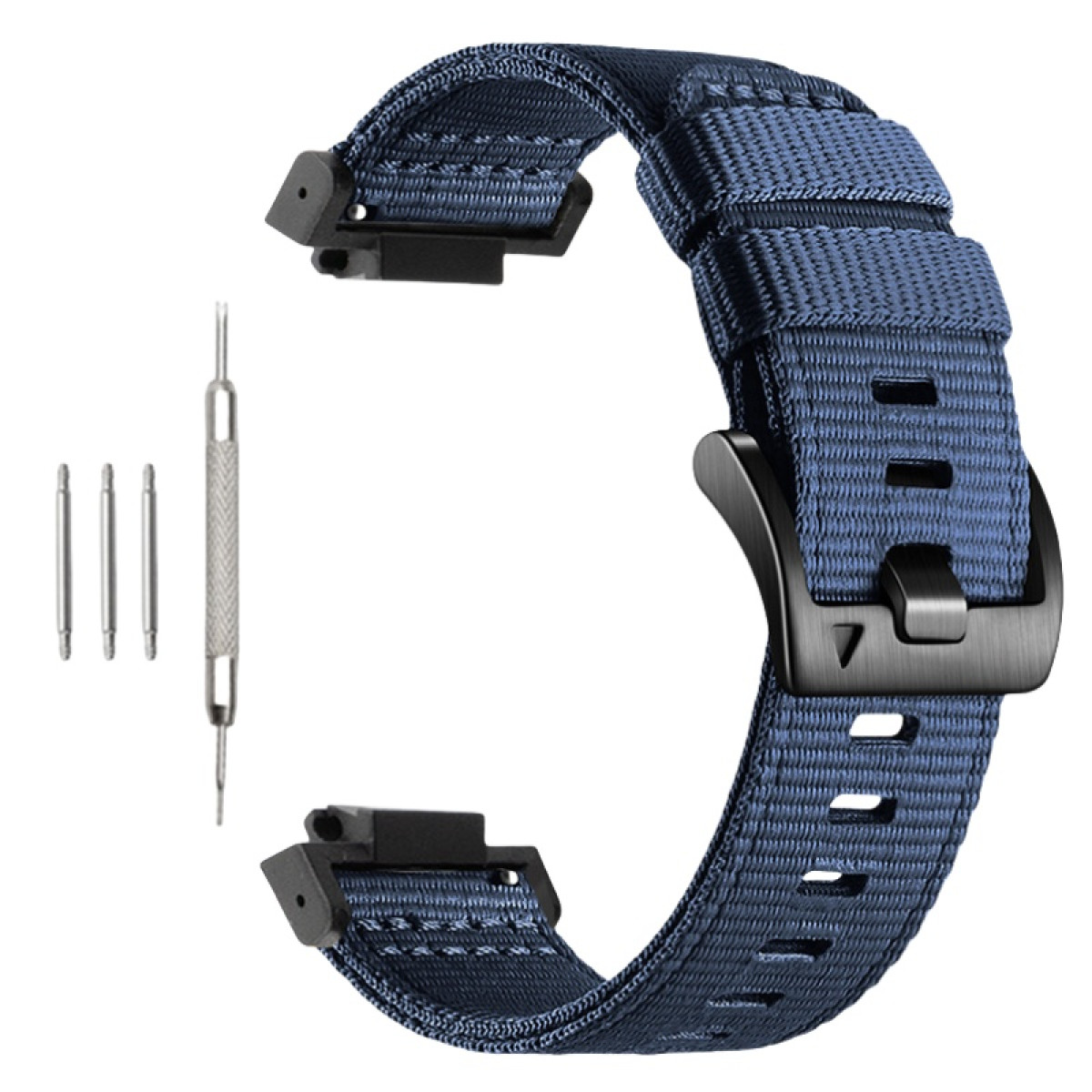 Cinturino blu con fibbia nera e attrezzi. Il cinturino è in materiale tessuto. Attrezzi a sinistra.