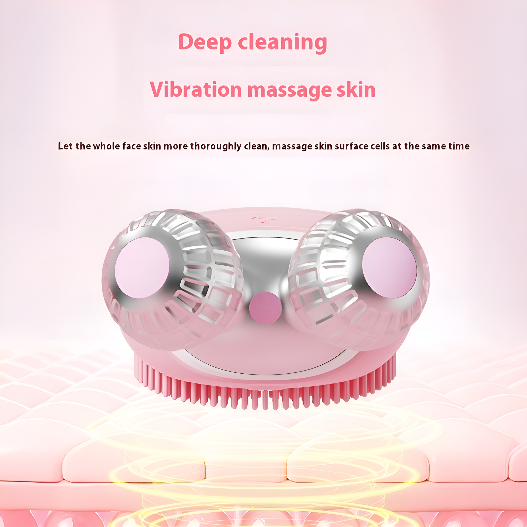 Rosa Gesichtsmassagegerät mit Textüberlagerung und Illustrationen von Hautschichten und Produktvorteilen.