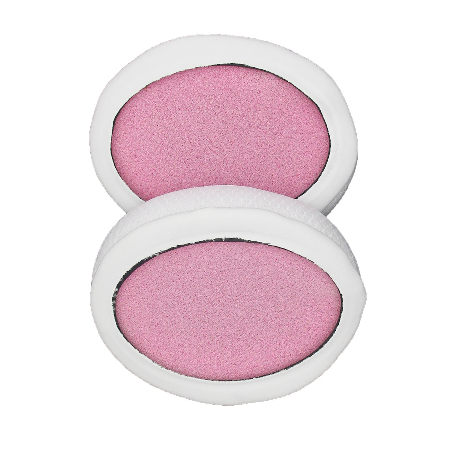Twee witte en roze oorkussens op een wit oppervlak. De kussens zijn ovaal en gelaagd.